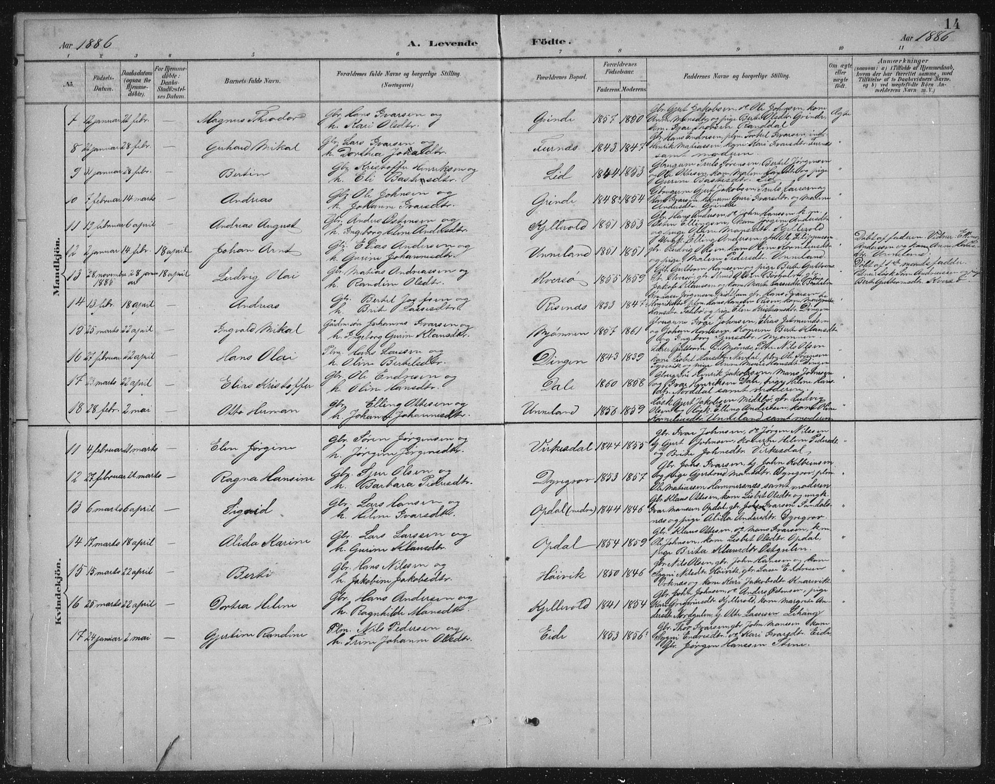 Gulen sokneprestembete, AV/SAB-A-80201/H/Hab/Habb/L0003: Klokkerbok nr. B 3, 1884-1907, s. 14