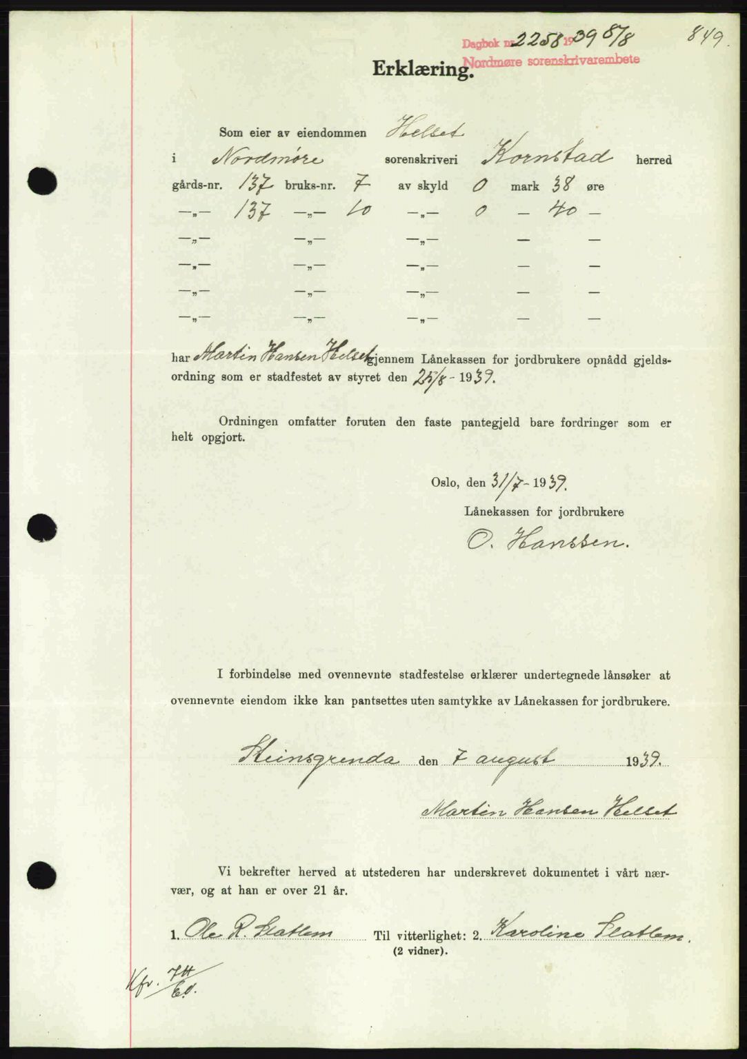 Nordmøre sorenskriveri, SAT/A-4132/1/2/2Ca: Pantebok nr. B85, 1939-1939, Dagboknr: 2258/1939