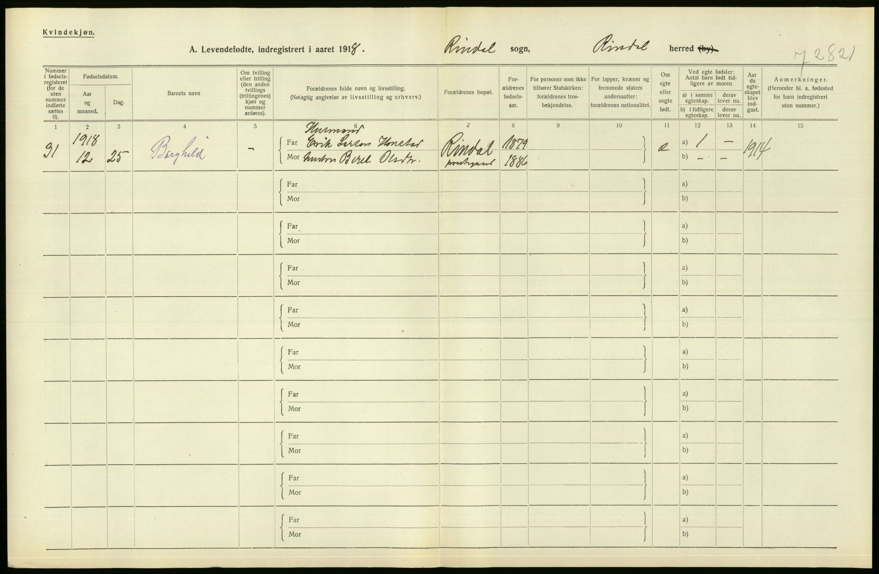 Statistisk sentralbyrå, Sosiodemografiske emner, Befolkning, RA/S-2228/D/Df/Dfb/Dfbh/L0043: Møre fylke: Levendefødte menn og kvinner. Bygder., 1918, s. 120