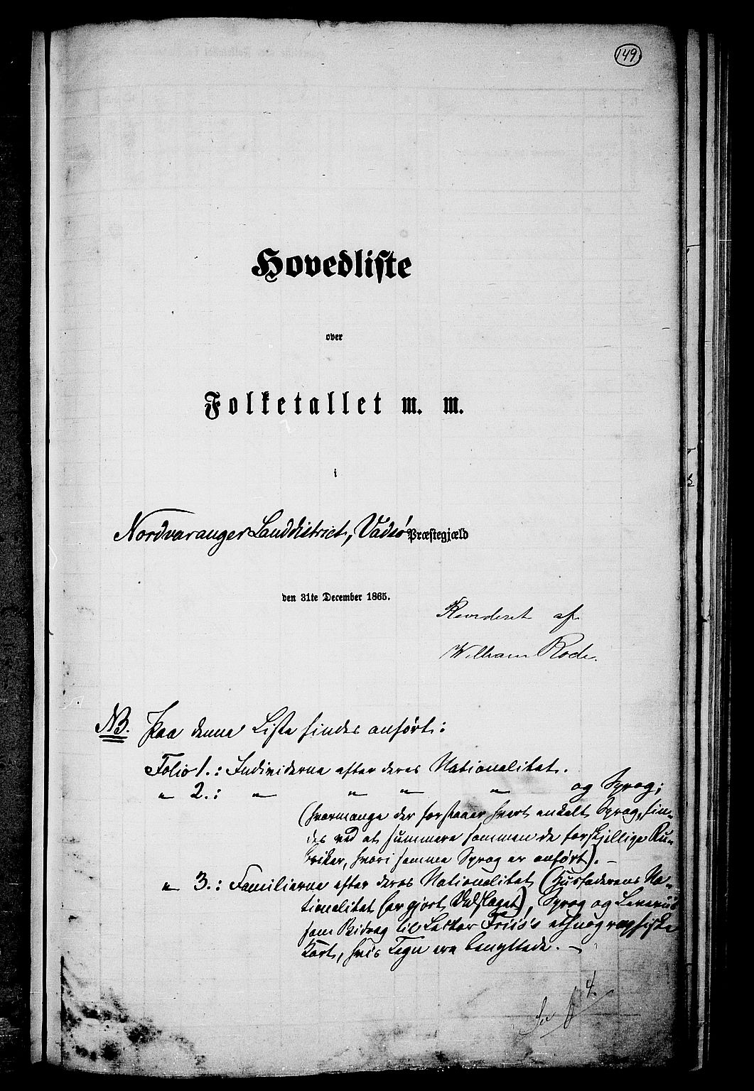 RA, Folketelling 1865 for 2029L Vadsø prestegjeld, Nord-Varanger sokn, 1865, s. 1