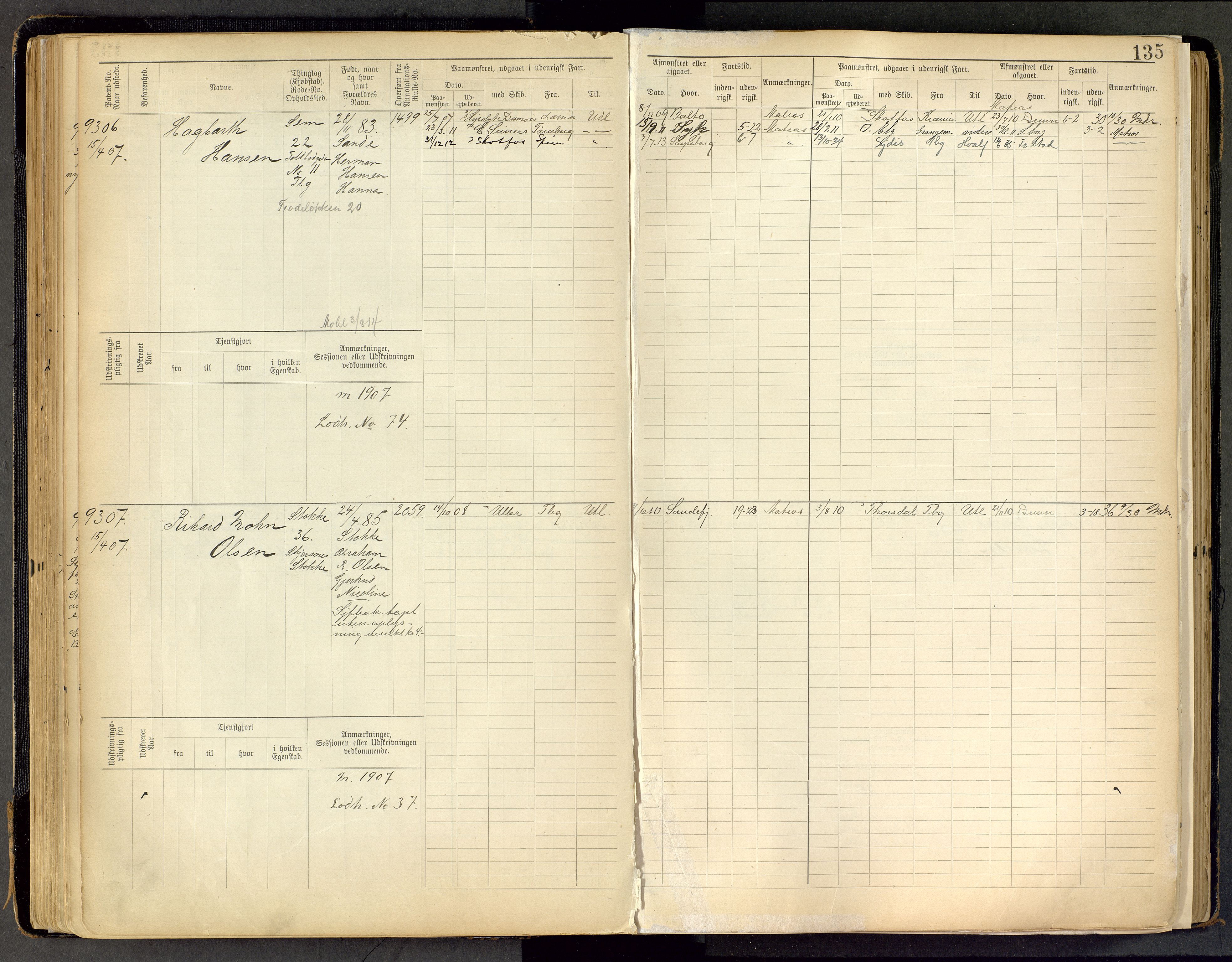 Tønsberg innrulleringskontor, AV/SAKO-A-786/F/Fc/Fca/L0011: Hovedrulle Patent nr. 9038-9992, 1900-1912, s. 135