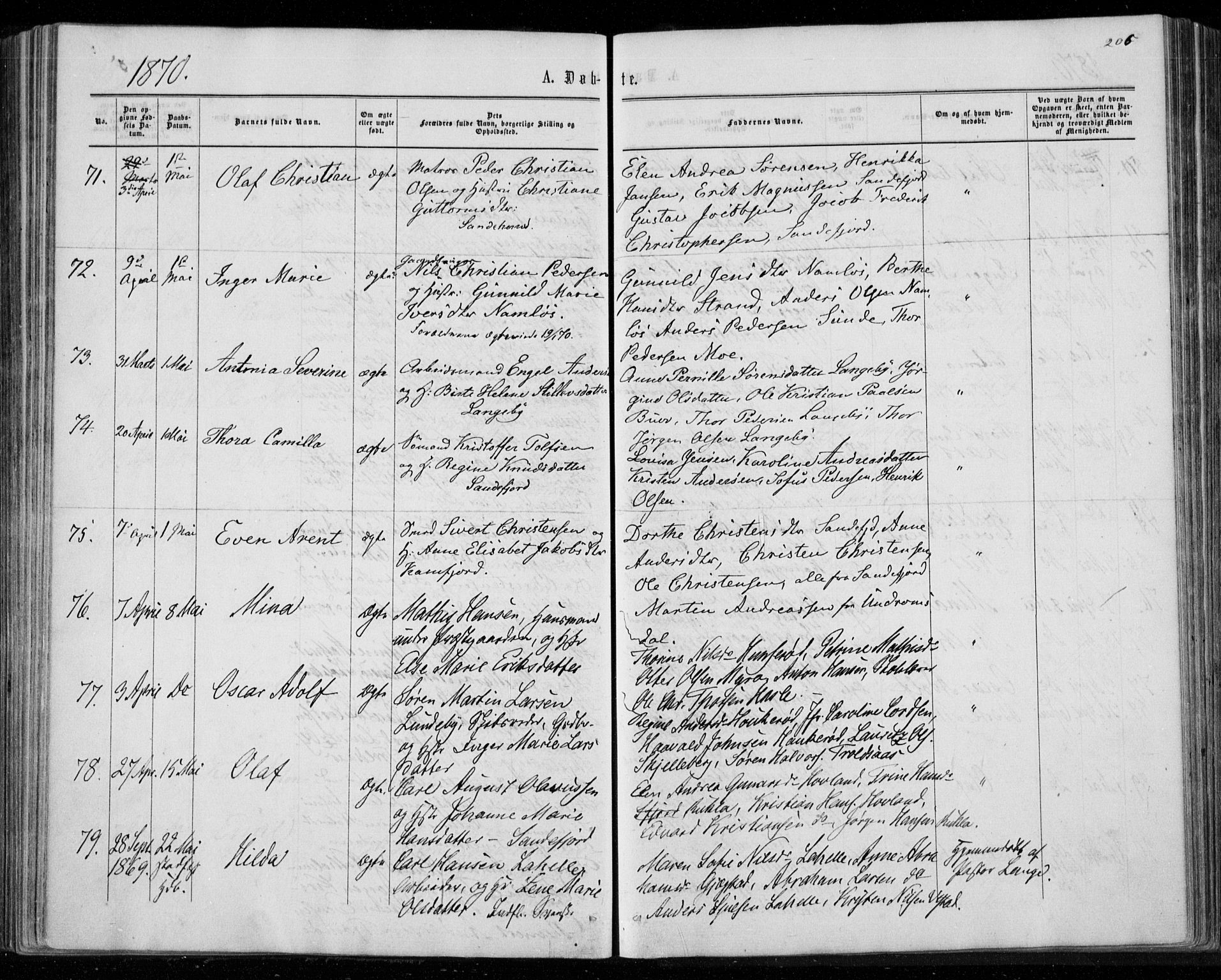 Sandar kirkebøker, AV/SAKO-A-243/F/Fa/L0008: Ministerialbok nr. 8, 1862-1871, s. 206