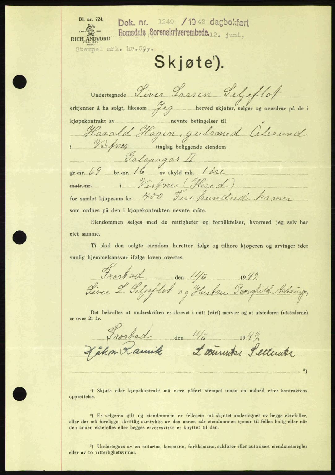 Romsdal sorenskriveri, SAT/A-4149/1/2/2C: Pantebok nr. A12, 1942-1942, Dagboknr: 1249/1942