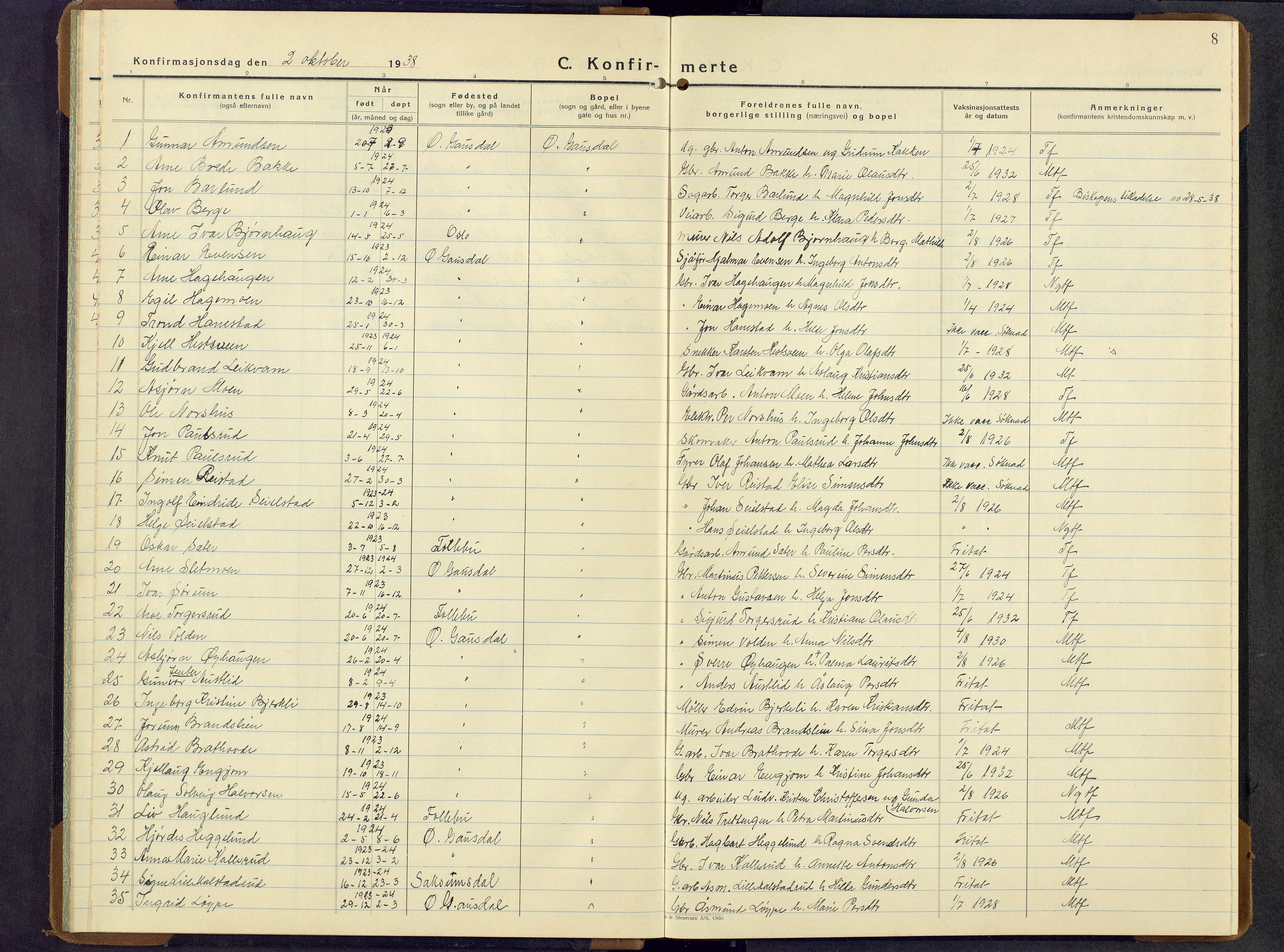 Østre Gausdal prestekontor, SAH/PREST-092/H/Ha/Hab/L0011: Klokkerbok nr. 11, 1936-1964, s. 8