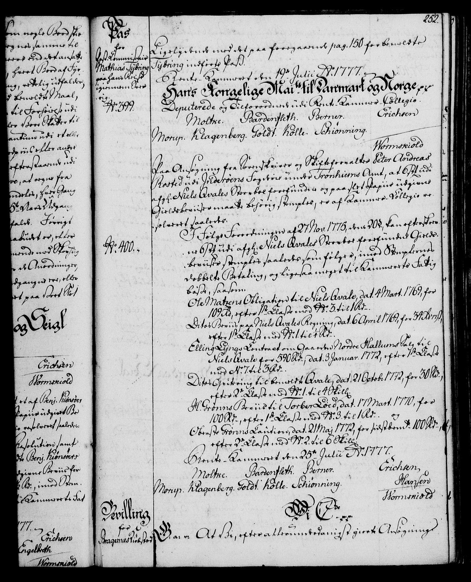 Rentekammeret, Kammerkanselliet, RA/EA-3111/G/Gg/Gga/L0010: Norsk ekspedisjonsprotokoll med register (merket RK 53.10), 1773-1778, s. 252
