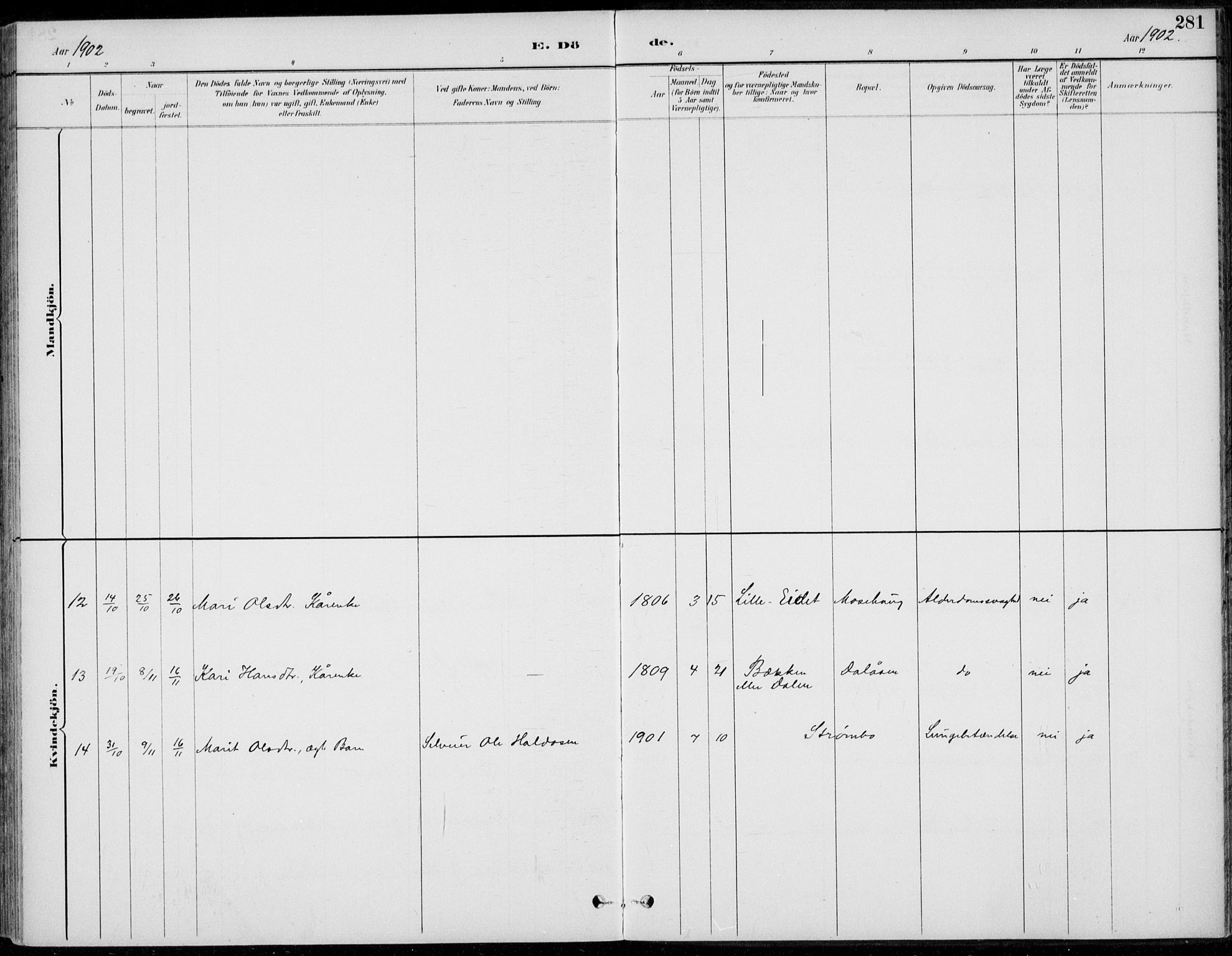 Alvdal prestekontor, SAH/PREST-060/H/Ha/Haa/L0003: Ministerialbok nr. 3, 1886-1912, s. 281