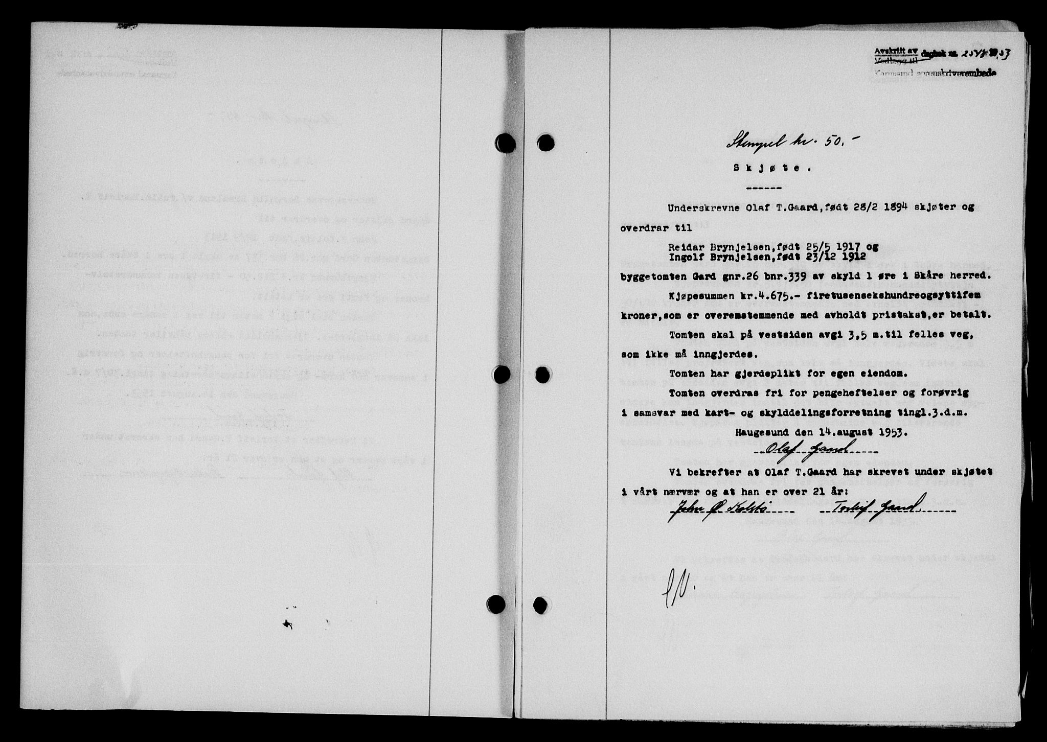 Karmsund sorenskriveri, SAST/A-100311/01/II/IIB/L0109: Pantebok nr. 89A, 1953-1953, Dagboknr: 2543/1953