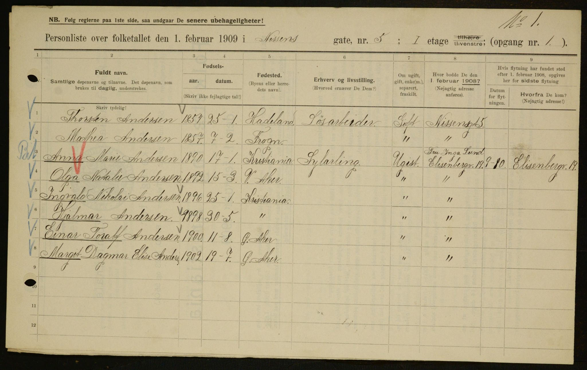 OBA, Kommunal folketelling 1.2.1909 for Kristiania kjøpstad, 1909, s. 64417