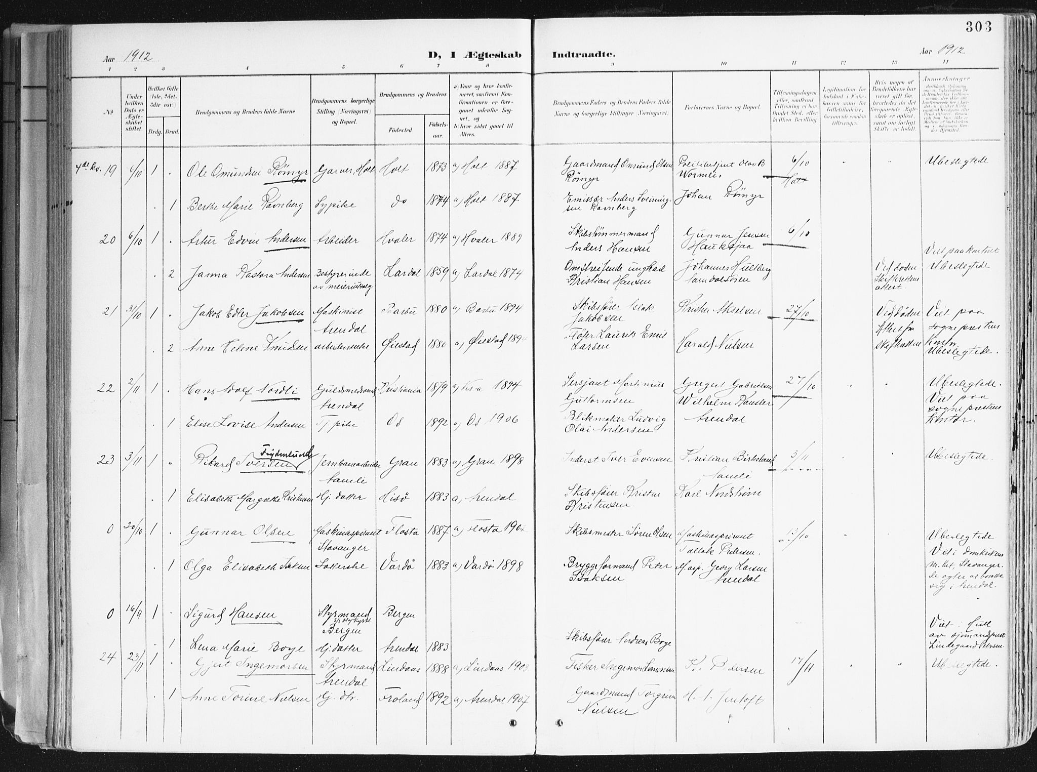 Arendal sokneprestkontor, Trefoldighet, AV/SAK-1111-0040/F/Fa/L0010: Ministerialbok nr. A 10, 1900-1919, s. 303