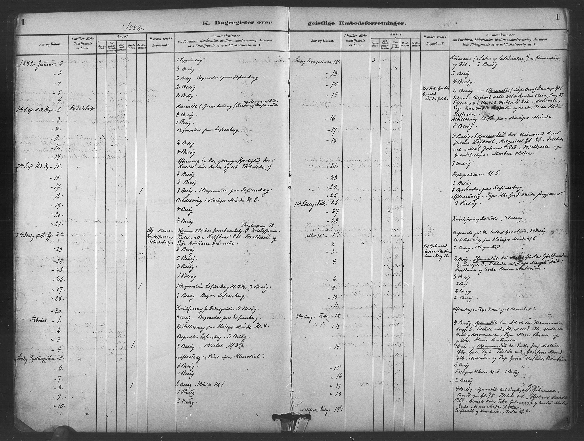 Paulus prestekontor Kirkebøker, AV/SAO-A-10871/I/Ib/L0001: Dagsregister nr. II 1, 1882-1910, s. 1