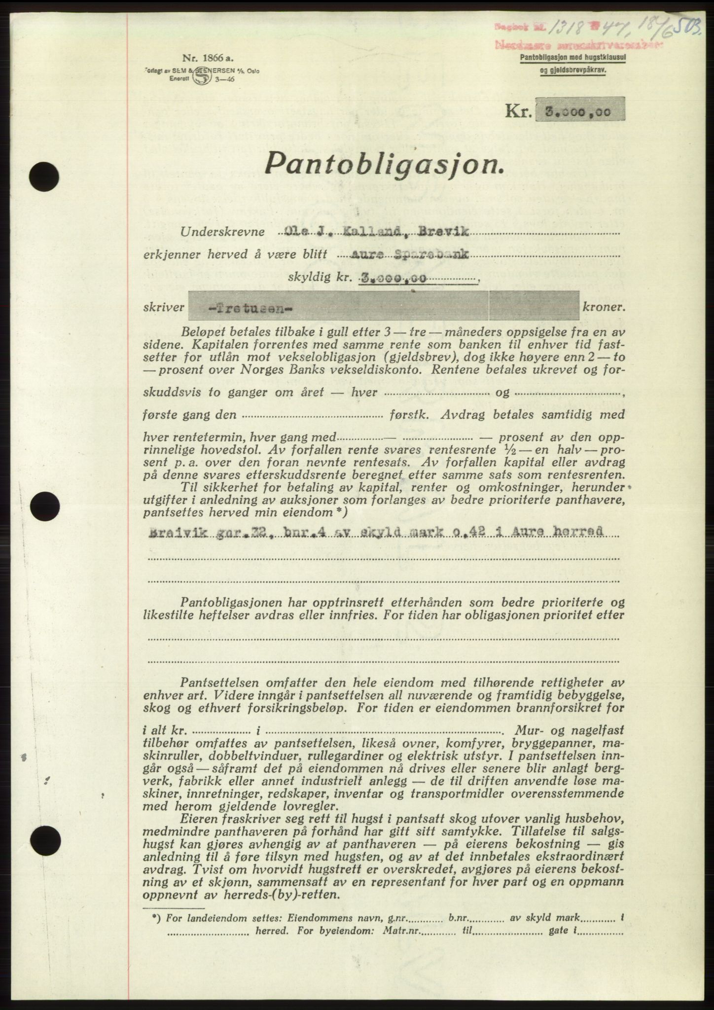 Nordmøre sorenskriveri, AV/SAT-A-4132/1/2/2Ca: Pantebok nr. B96, 1947-1947, Dagboknr: 1318/1947