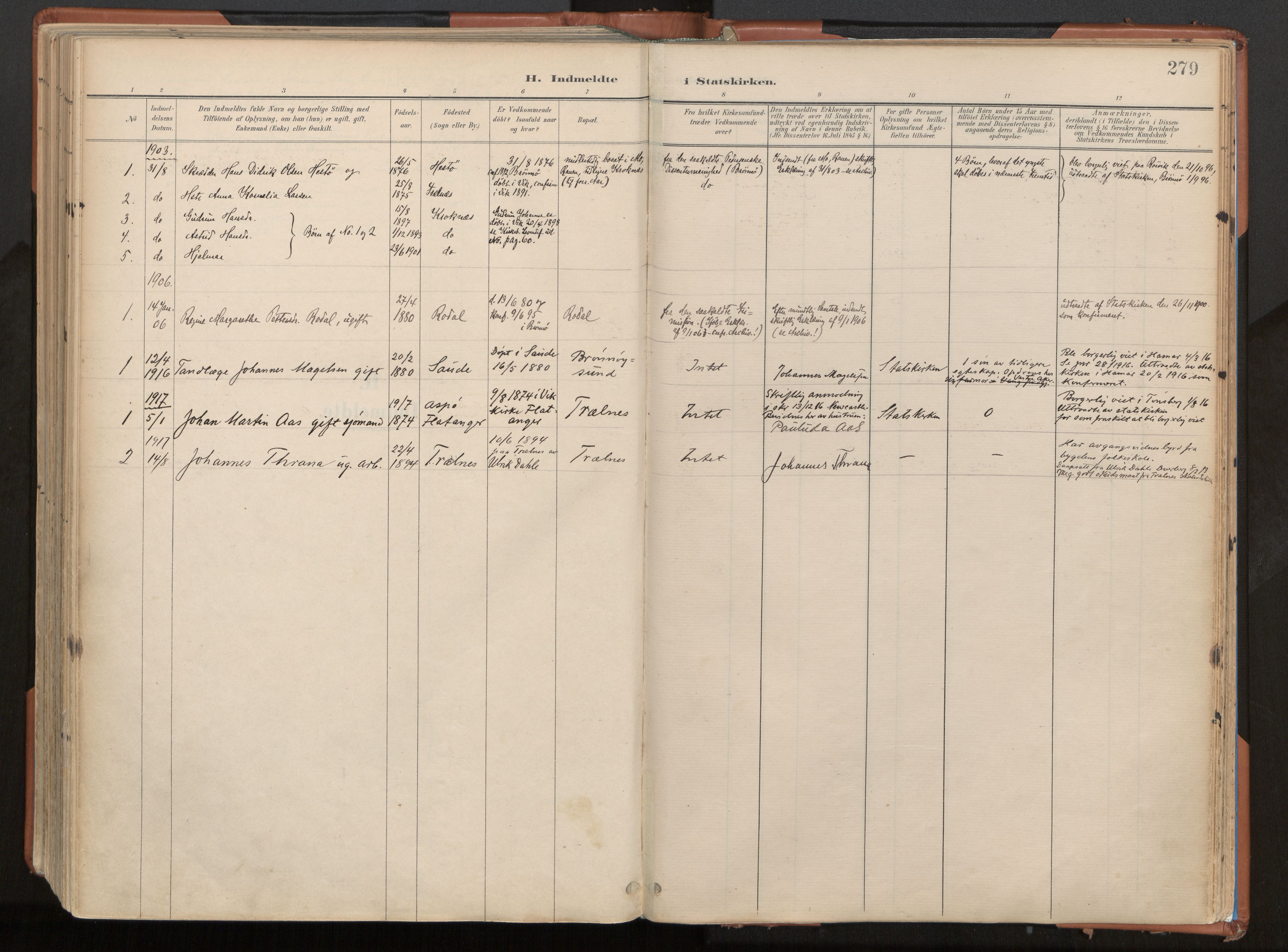 Ministerialprotokoller, klokkerbøker og fødselsregistre - Nordland, AV/SAT-A-1459/813/L0201: Ministerialbok nr. 813A11, 1901-1918, s. 279