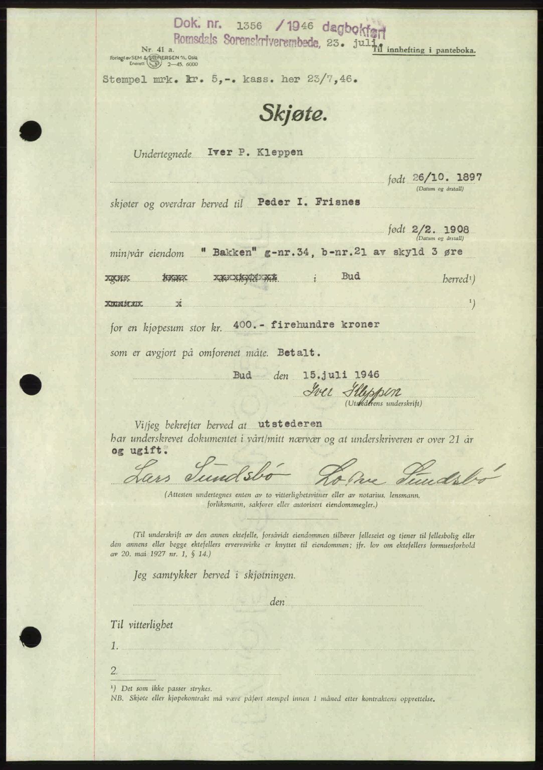 Romsdal sorenskriveri, AV/SAT-A-4149/1/2/2C: Pantebok nr. A20, 1946-1946, Dagboknr: 1356/1946