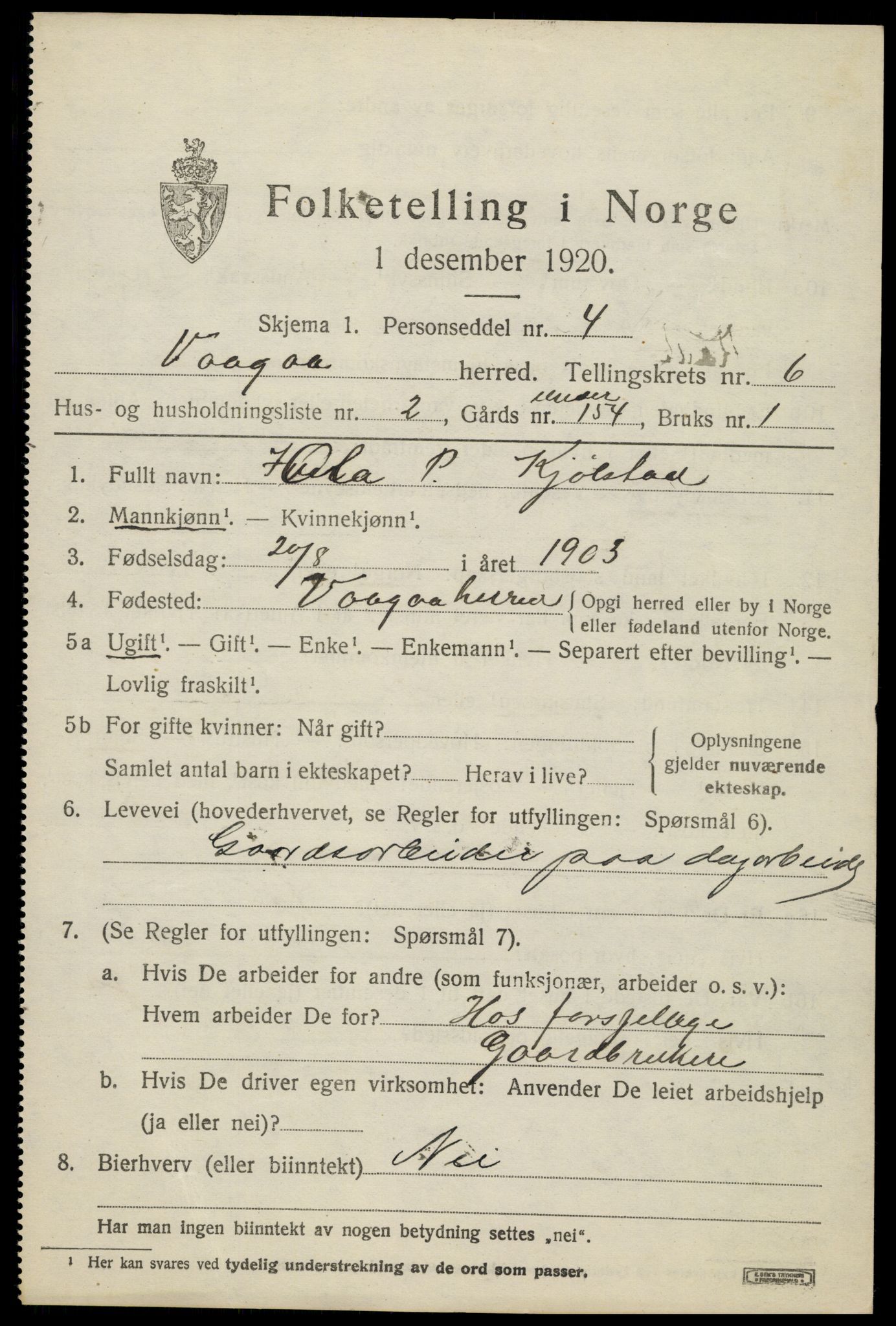 SAH, Folketelling 1920 for 0515 Vågå herred, 1920, s. 4710