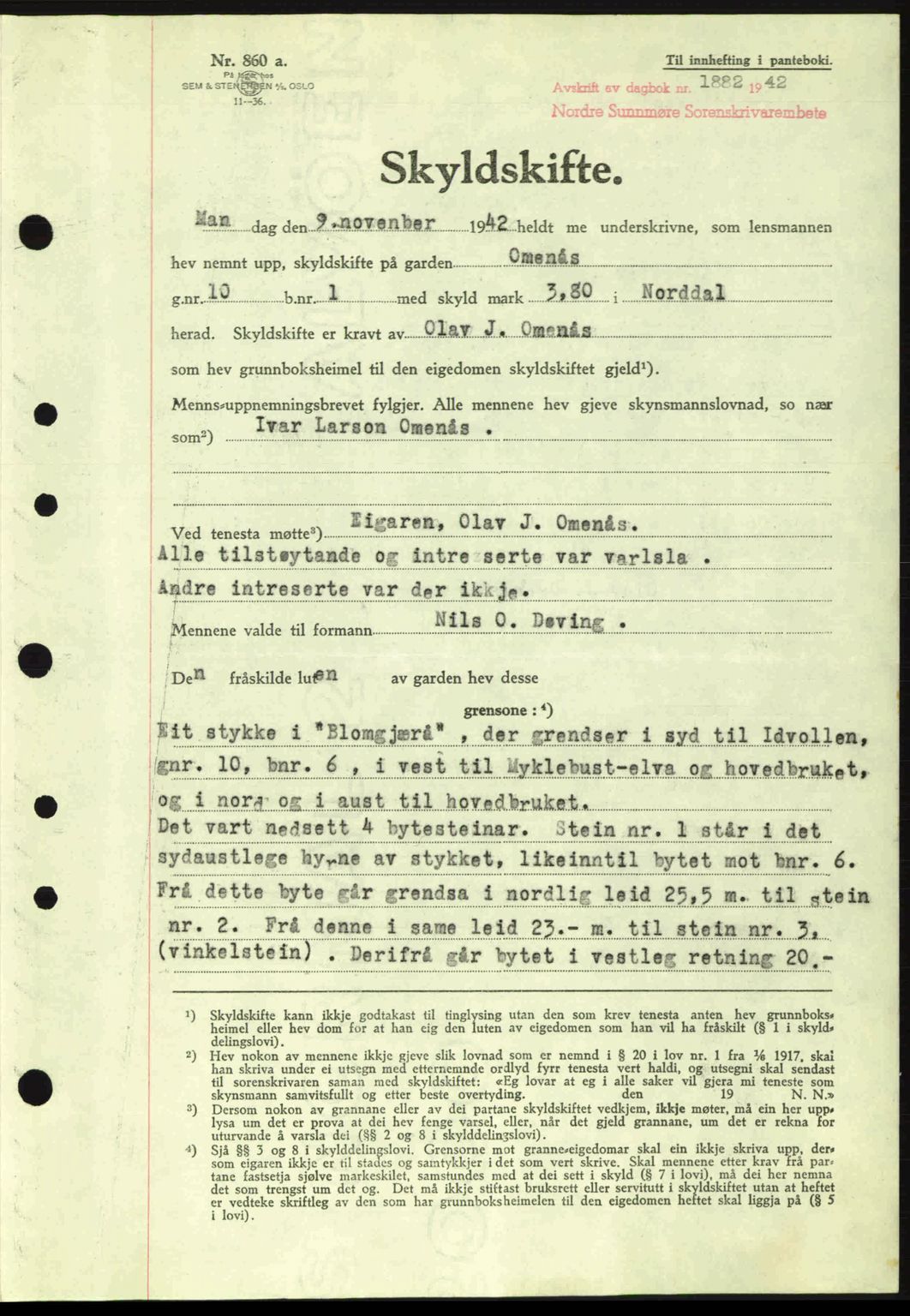 Nordre Sunnmøre sorenskriveri, AV/SAT-A-0006/1/2/2C/2Ca: Pantebok nr. A15, 1942-1943, Dagboknr: 1882/1942