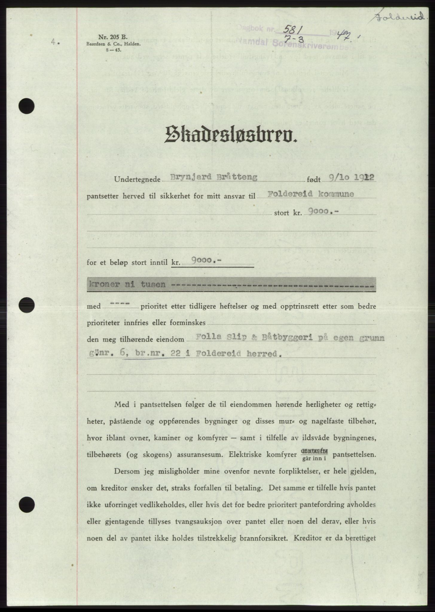 Namdal sorenskriveri, SAT/A-4133/1/2/2C: Pantebok nr. -, 1946-1947, Dagboknr: 581/1947