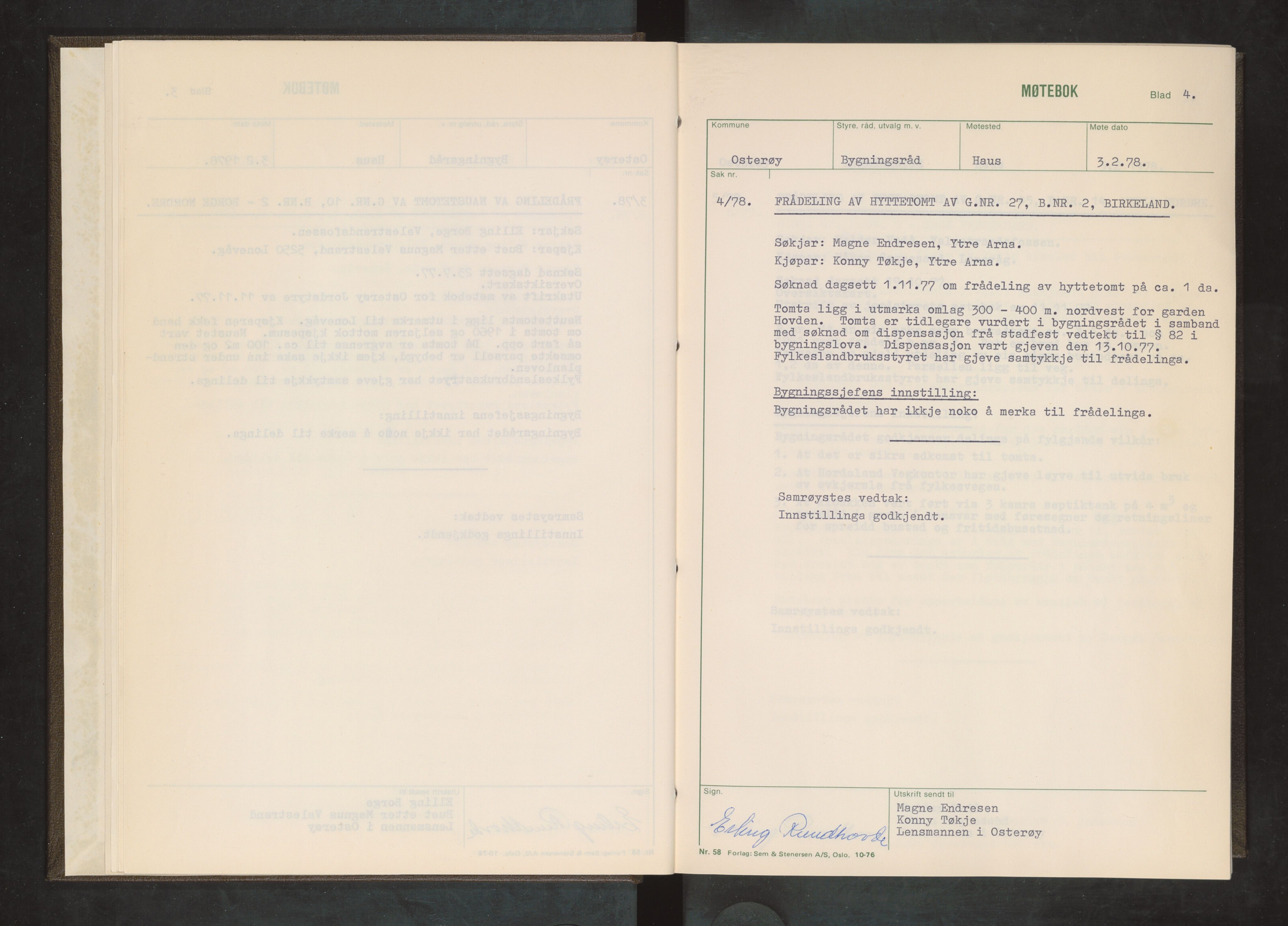 Osterøy kommune. Bygningsrådet, IKAH/1253b-511/A/Aa/L0011: Møtebok Osterøy bygningsråd, 1978