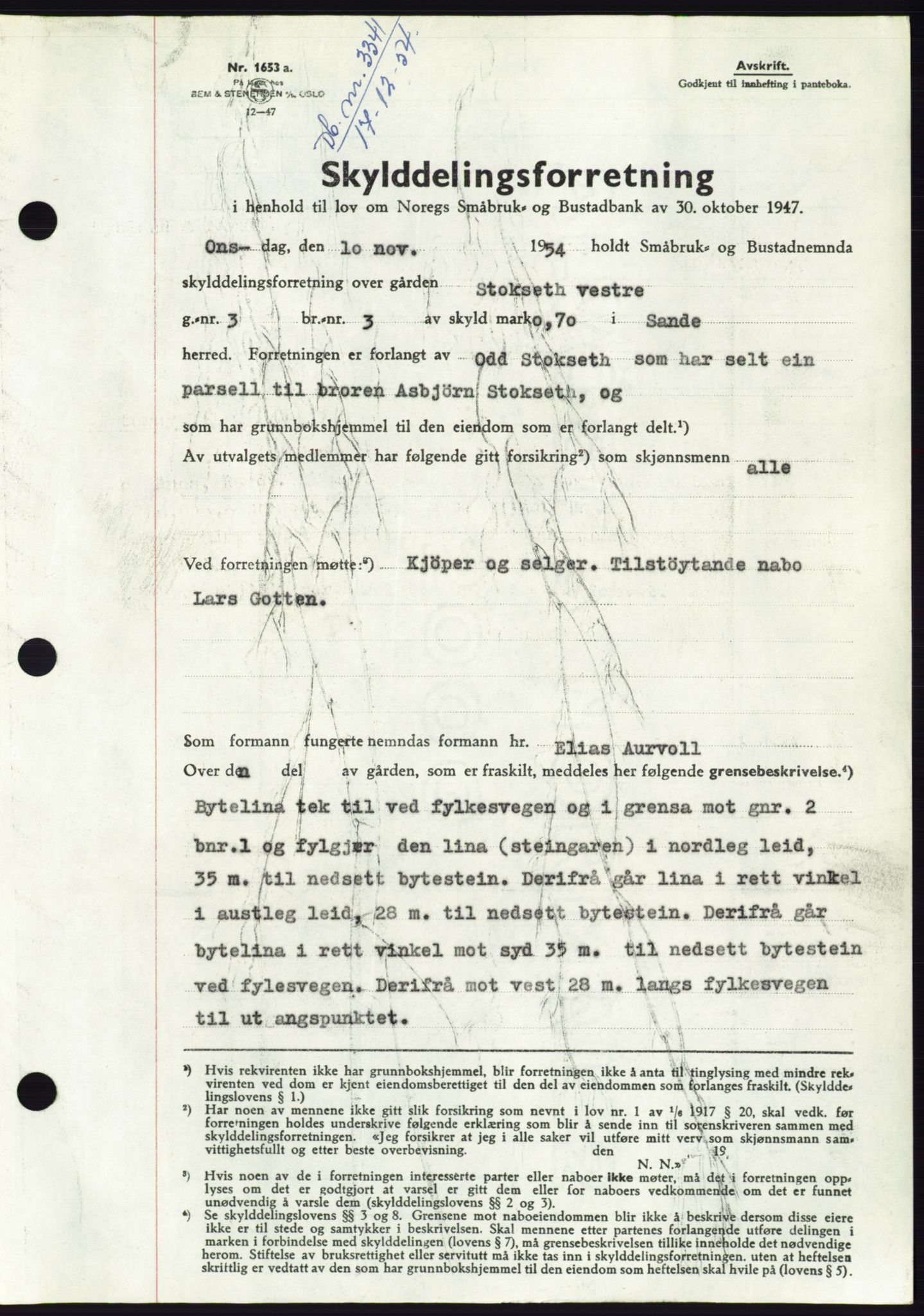 Søre Sunnmøre sorenskriveri, AV/SAT-A-4122/1/2/2C/L0099: Pantebok nr. 25A, 1954-1954, Dagboknr: 3341/1954