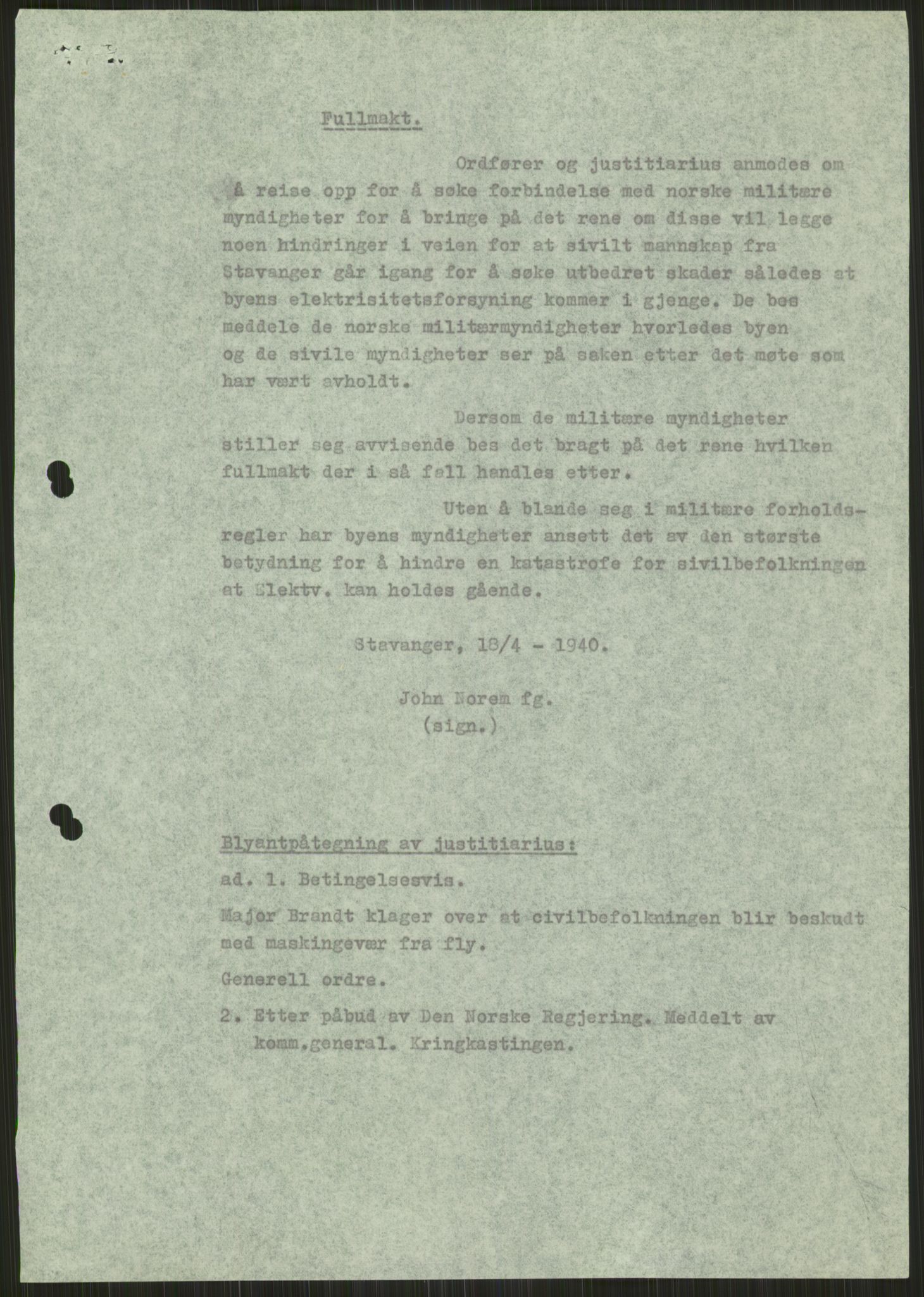 Forsvaret, Forsvarets krigshistoriske avdeling, AV/RA-RAFA-2017/Y/Ya/L0015: II-C-11-31 - Fylkesmenn.  Rapporter om krigsbegivenhetene 1940., 1940, s. 22