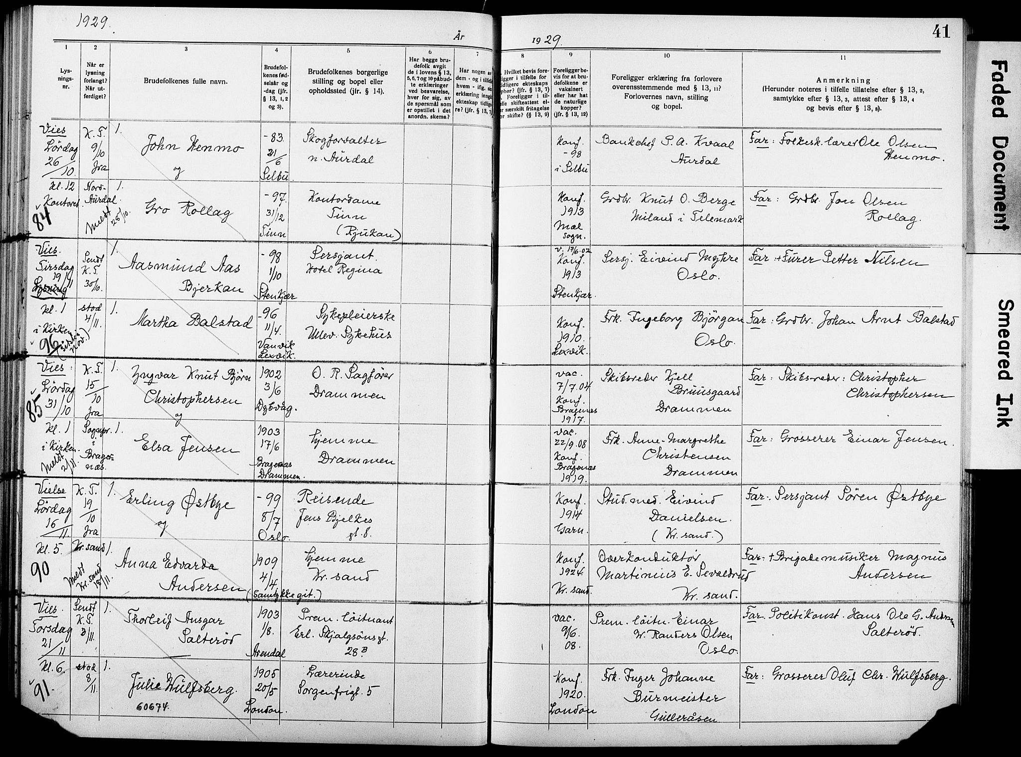 Garnisonsmenigheten Kirkebøker, AV/SAO-A-10846/H/Ha/L0010: Lysningsprotokoll nr. I 10, 1922-1932, s. 41
