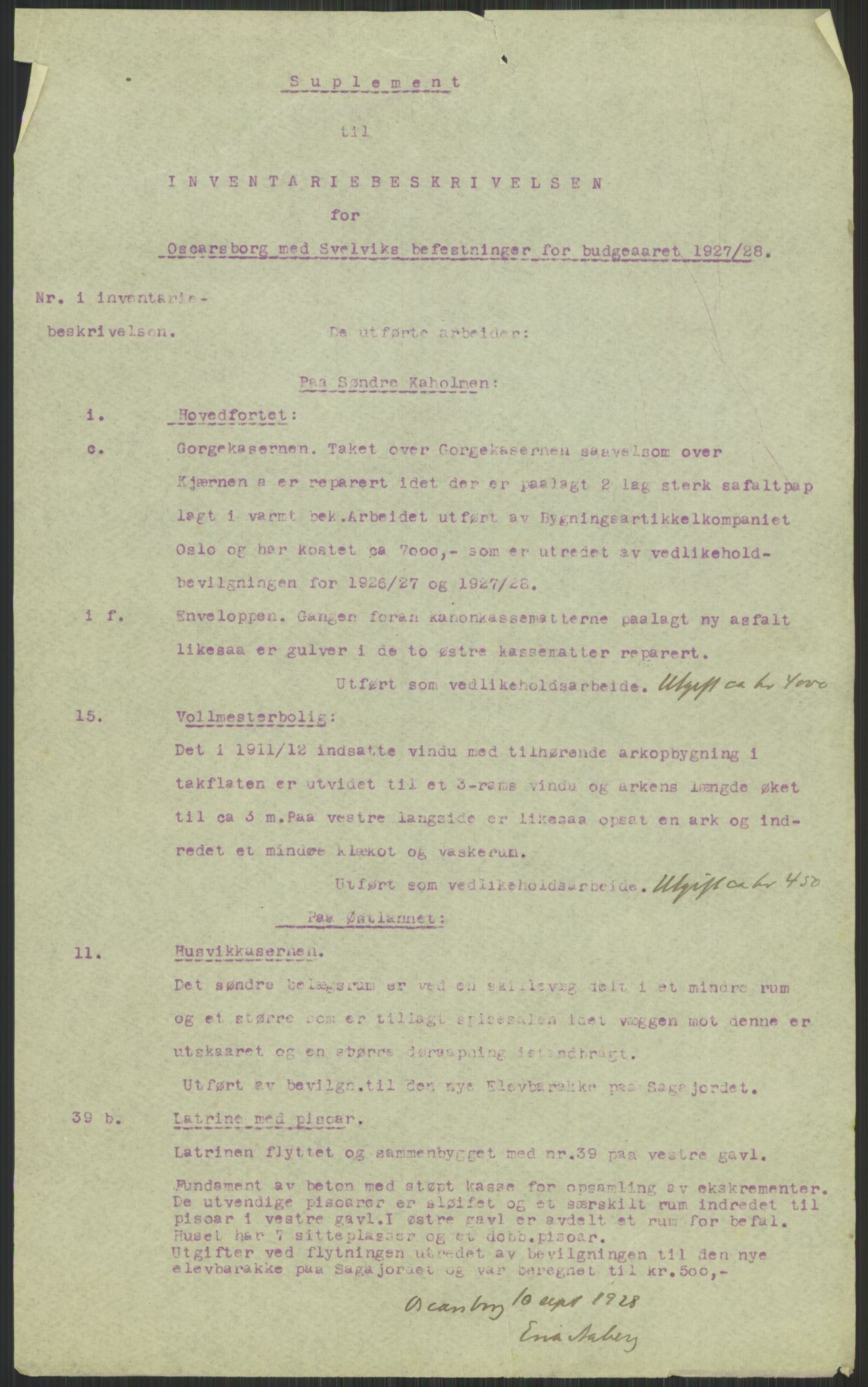 Forsvaret, Oscarsborg festning ingeniørdetasjementet/distriktsingeniøren, AV/RA-RAFA-1865/D/Da/L0143/0003: -- / Supplement til inventarbeskrivelsen for Oscarsborg m/Svelvik befestninger, 1910-1928, s. 3