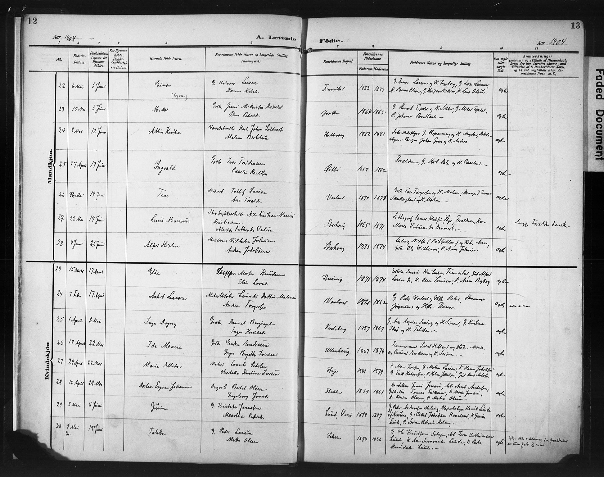 Hetland sokneprestkontor, AV/SAST-A-101826/30/30BA/L0013: Ministerialbok nr. A 13, 1904-1918, s. 12-13