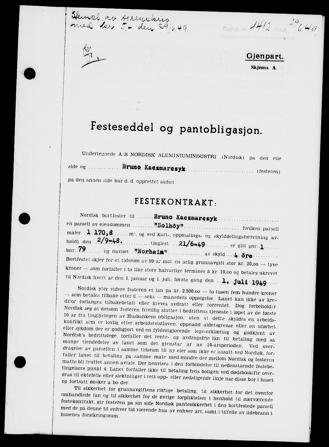 Holmestrand sorenskriveri, SAKO/A-67/G/Ga/Gaa/L0067: Pantebok nr. A-67, 1949-1949, Dagboknr: 1412/1949