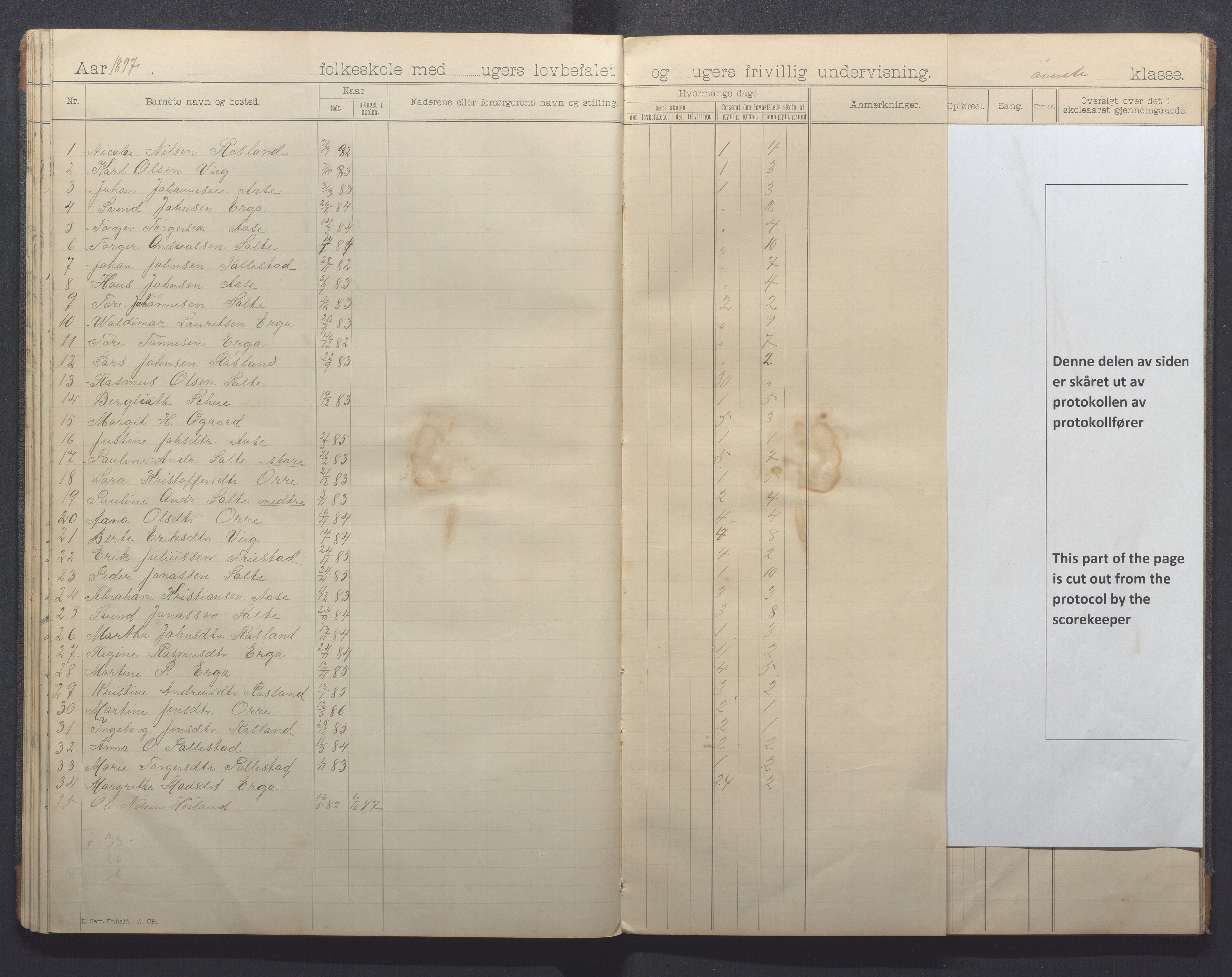 Klepp kommune - Pollestad skule, IKAR/K-100295/H/L0001: Skoleprotokoll, 1892-1898, s. 33