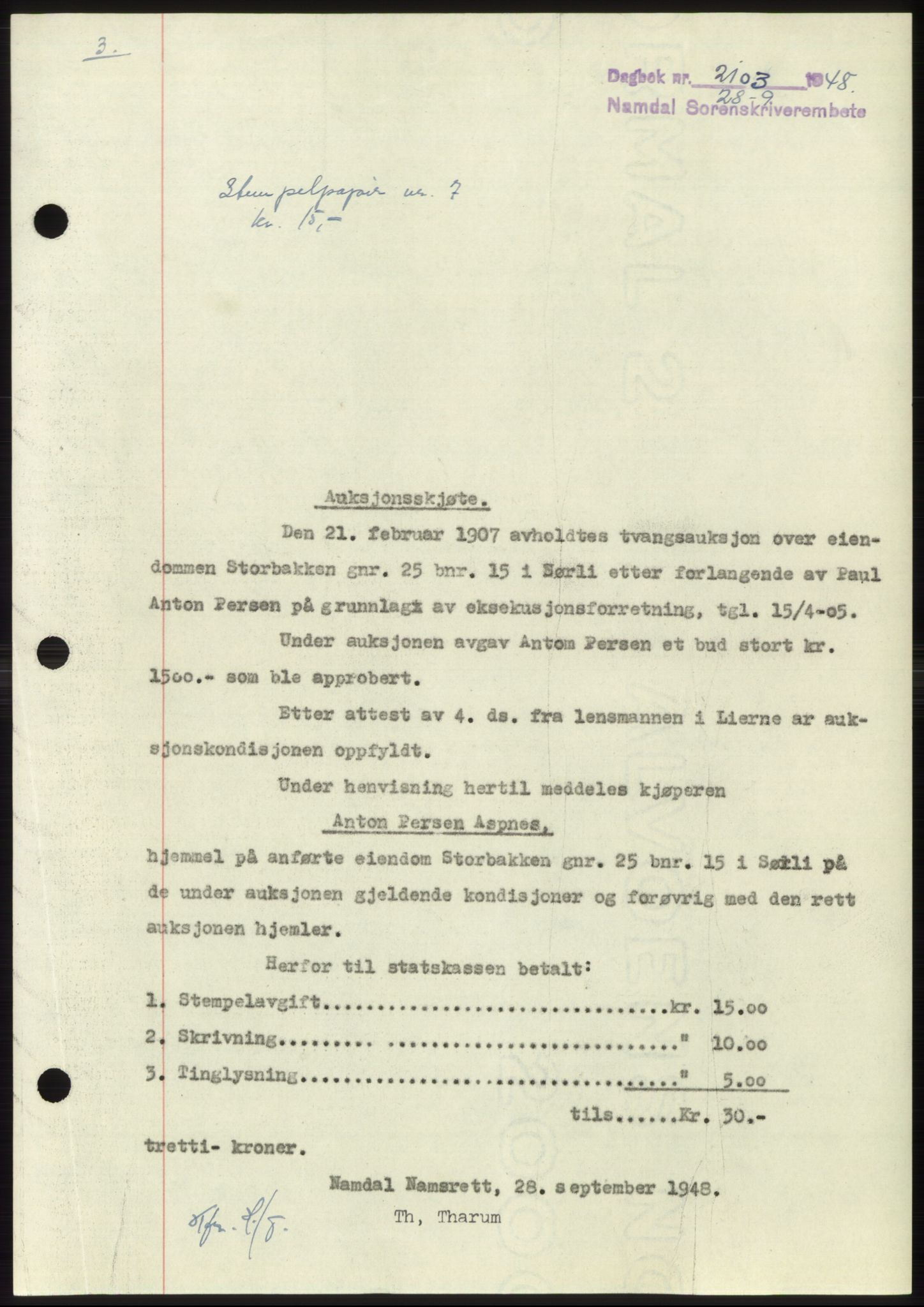 Namdal sorenskriveri, SAT/A-4133/1/2/2C: Pantebok nr. -, 1948-1948, Dagboknr: 2103/1948