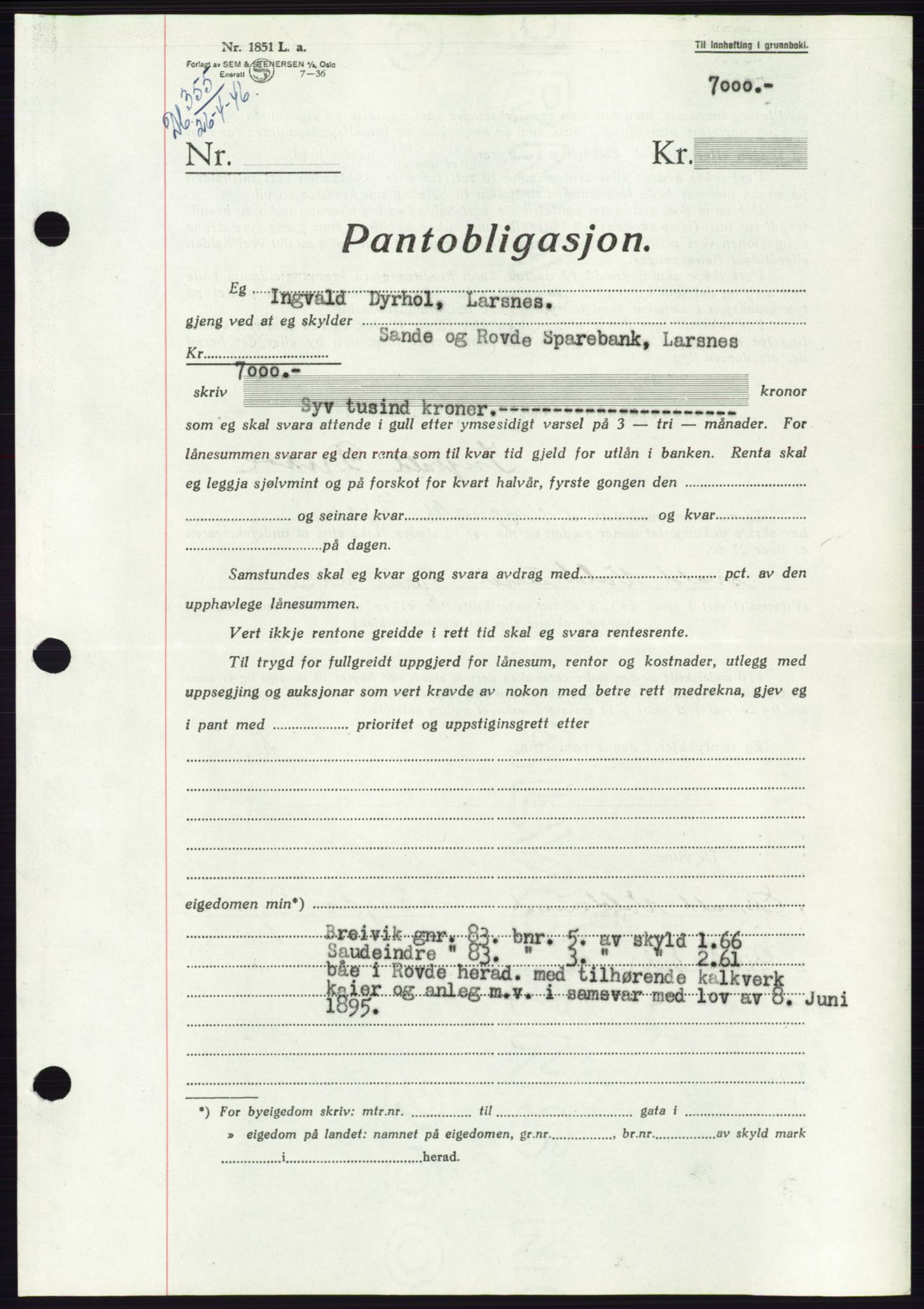 Søre Sunnmøre sorenskriveri, AV/SAT-A-4122/1/2/2C/L0114: Pantebok nr. 1-2B, 1943-1947, Dagboknr: 355/1946