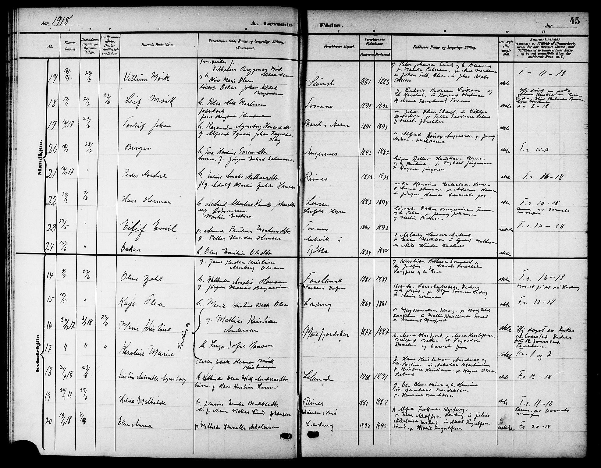 Ministerialprotokoller, klokkerbøker og fødselsregistre - Nordland, SAT/A-1459/832/L0494: Klokkerbok nr. 832C01, 1906-1922, s. 45