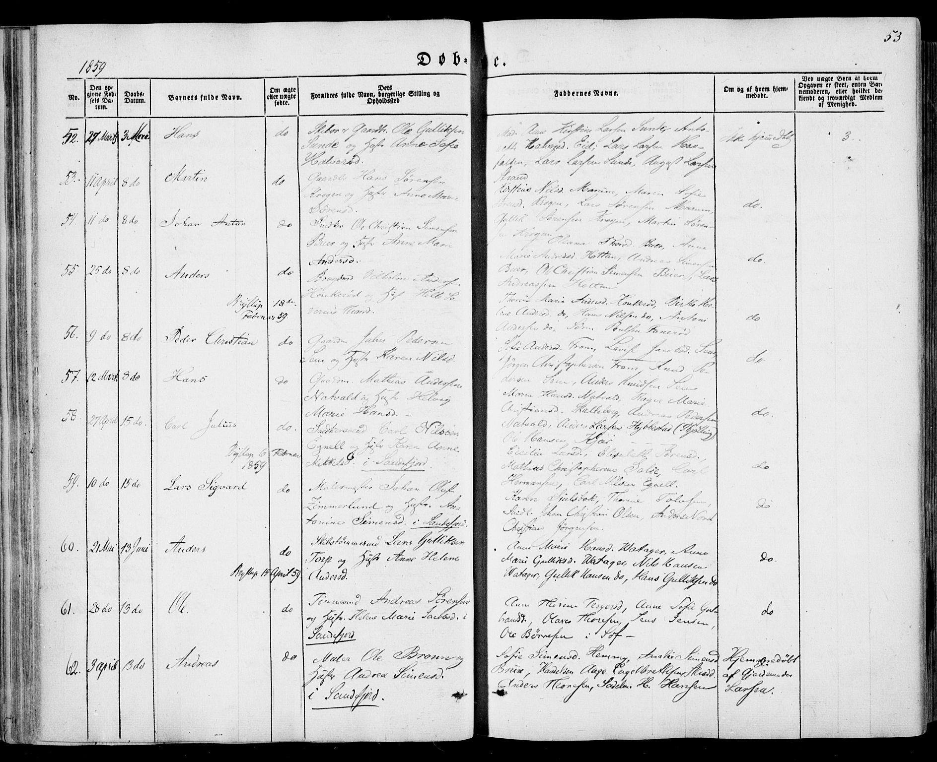 Sandar kirkebøker, AV/SAKO-A-243/F/Fa/L0007: Ministerialbok nr. 7, 1855-1861, s. 53