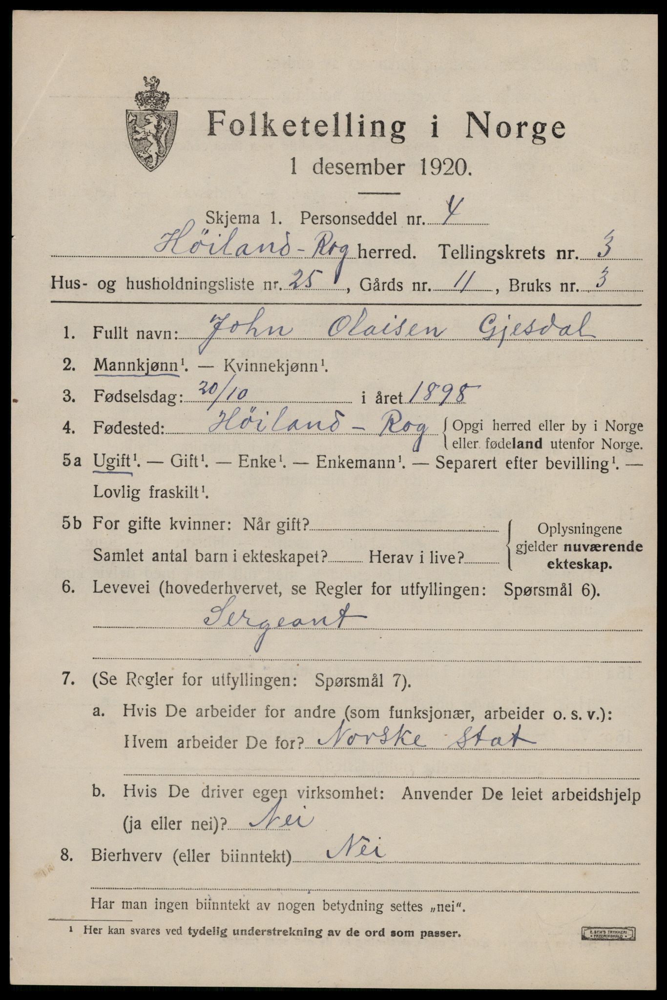 SAST, Folketelling 1920 for 1123 Høyland herred, 1920, s. 3266