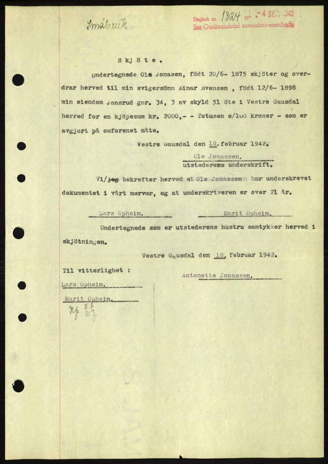 Sør-Gudbrandsdal tingrett, SAH/TING-004/H/Hb/Hbd/L0011: Pantebok nr. A11, 1942-1943, Dagboknr: 1324/1942
