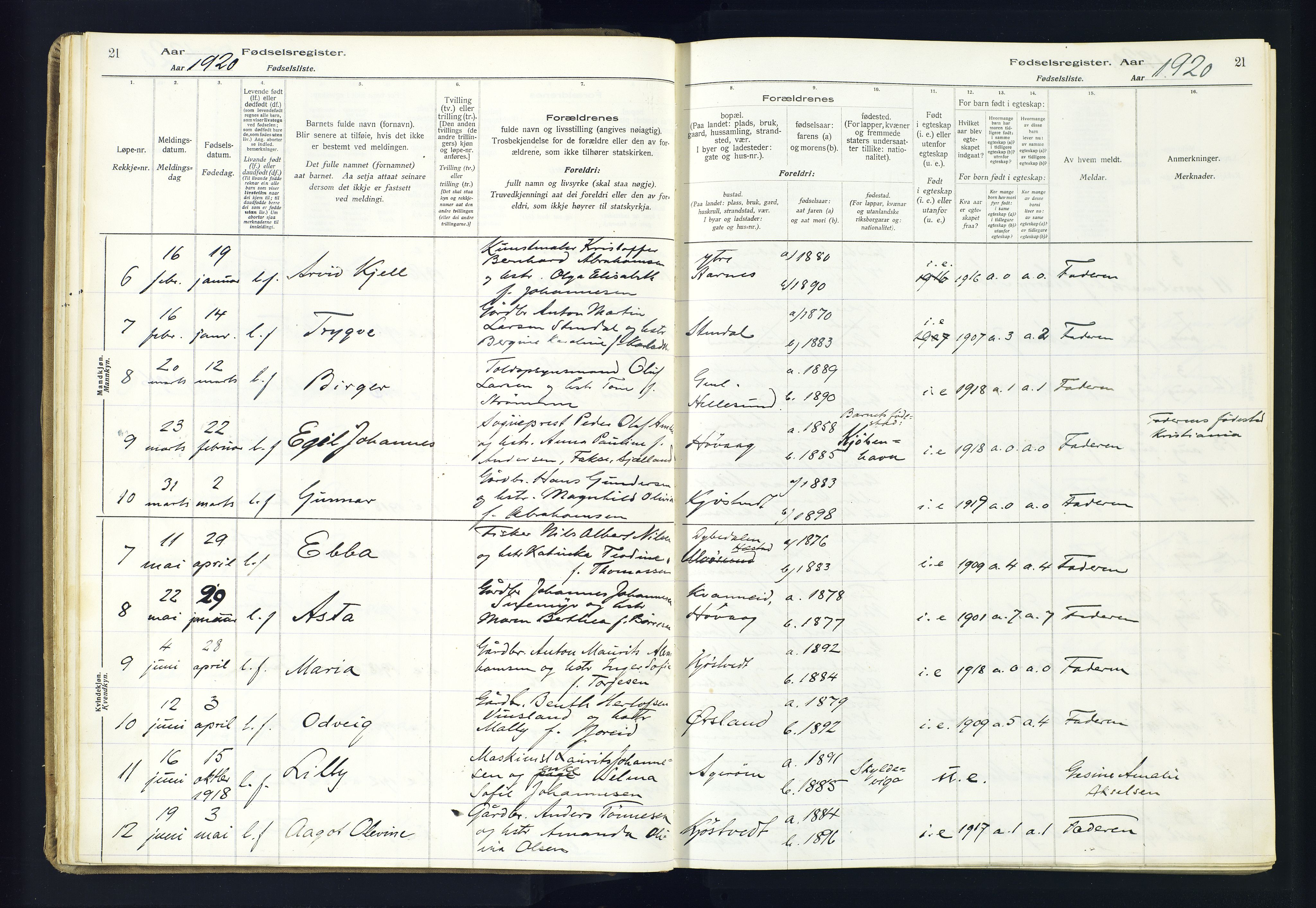 Høvåg sokneprestkontor, AV/SAK-1111-0025/J/Ja/L0001: Fødselsregister nr. II.4.2, 1916-1982, s. 21