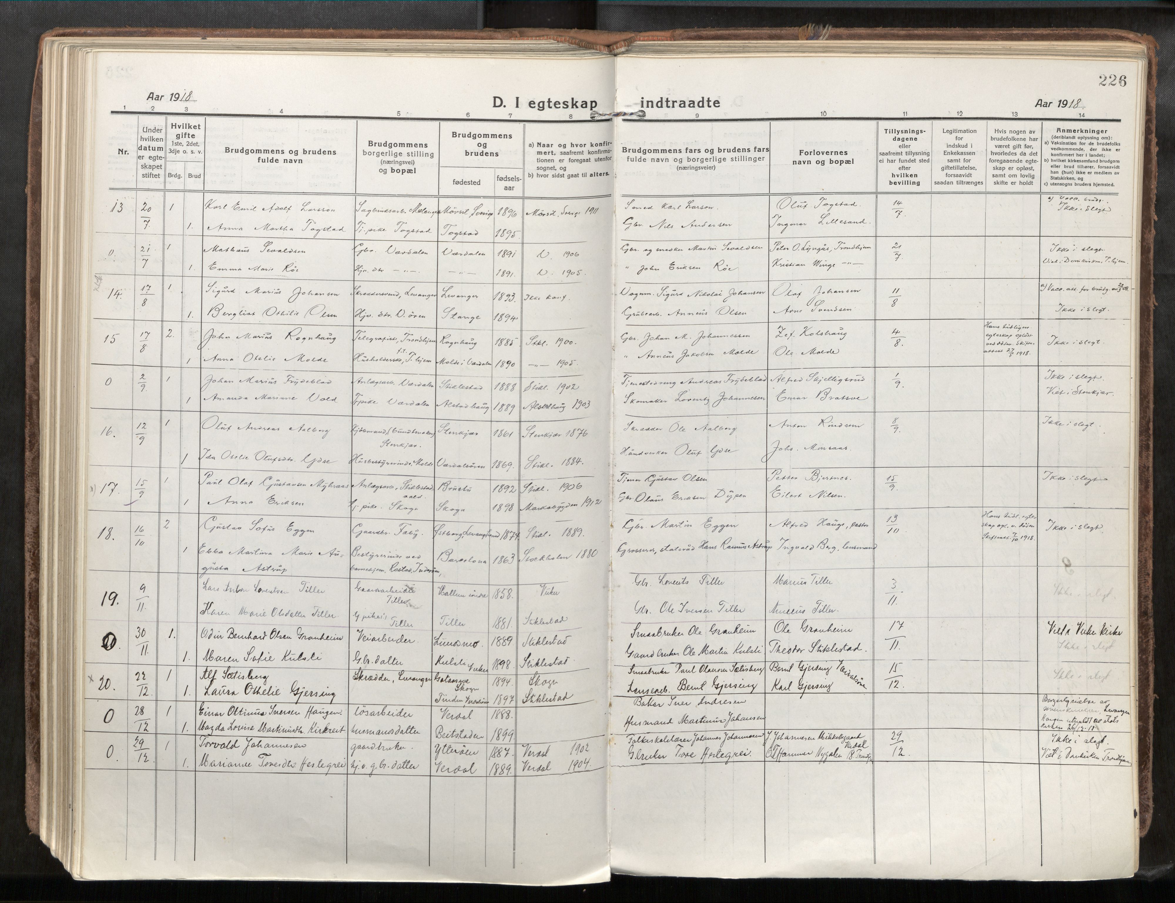 Verdal sokneprestkontor, AV/SAT-A-1156/2/H/Haa/L0001: Ministerialbok nr. 1, 1917-1932, s. 226