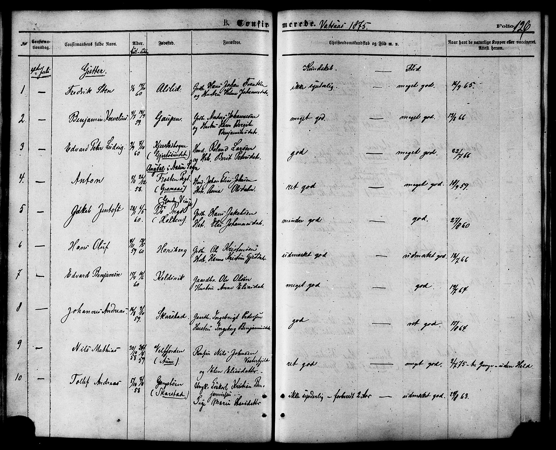 Ministerialprotokoller, klokkerbøker og fødselsregistre - Nordland, SAT/A-1459/810/L0148: Ministerialbok nr. 810A09 /1, 1874-1884, s. 126