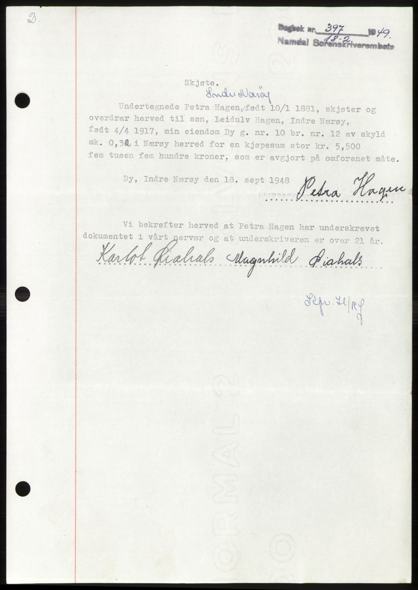 Namdal sorenskriveri, SAT/A-4133/1/2/2C: Pantebok nr. -, 1949-1949, Dagboknr: 397/1949