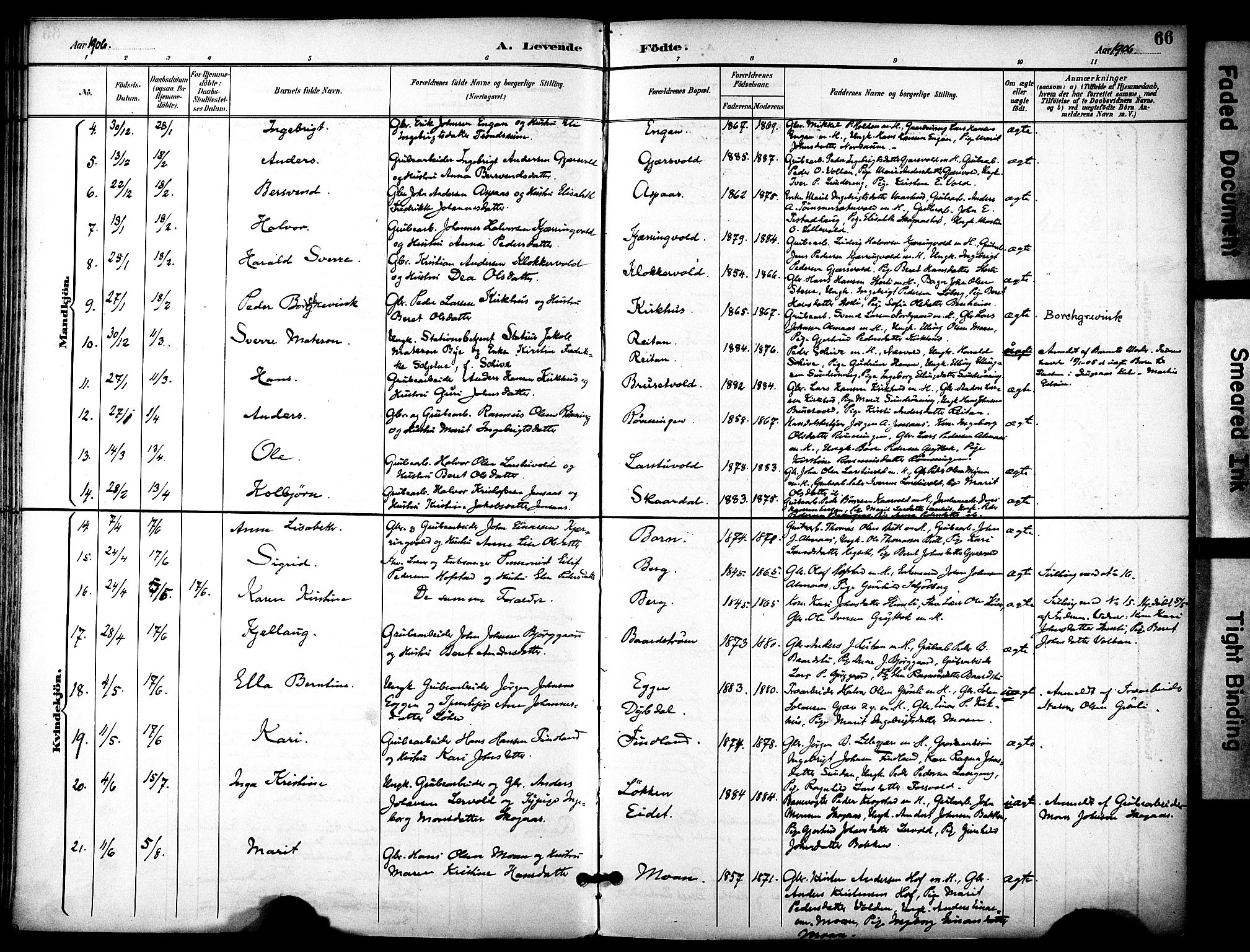 Ministerialprotokoller, klokkerbøker og fødselsregistre - Sør-Trøndelag, AV/SAT-A-1456/686/L0984: Ministerialbok nr. 686A02, 1891-1906, s. 66