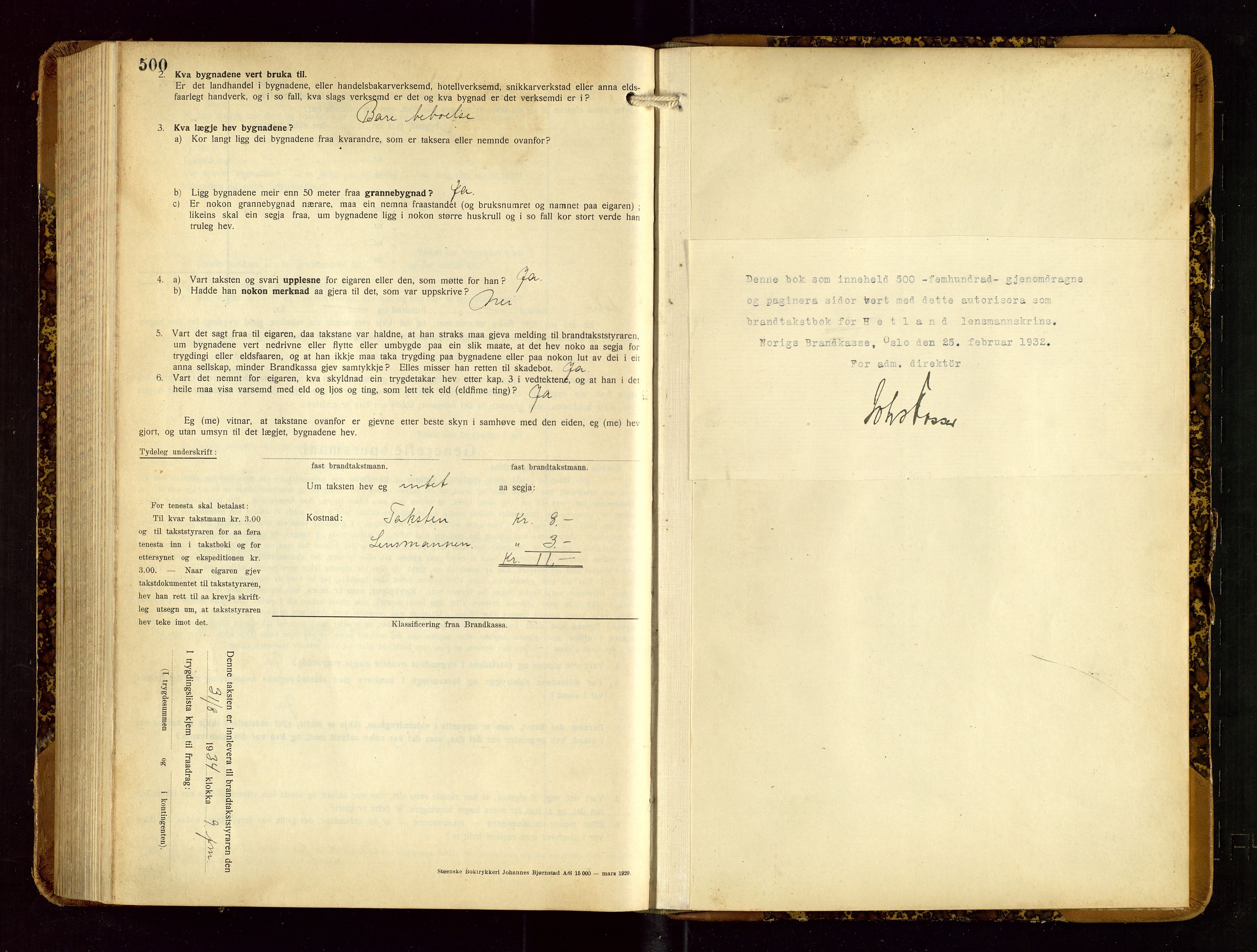 Hetland lensmannskontor, SAST/A-100101/Gob/L0003: "Brandtakstbok", 1932-1934, s. 500