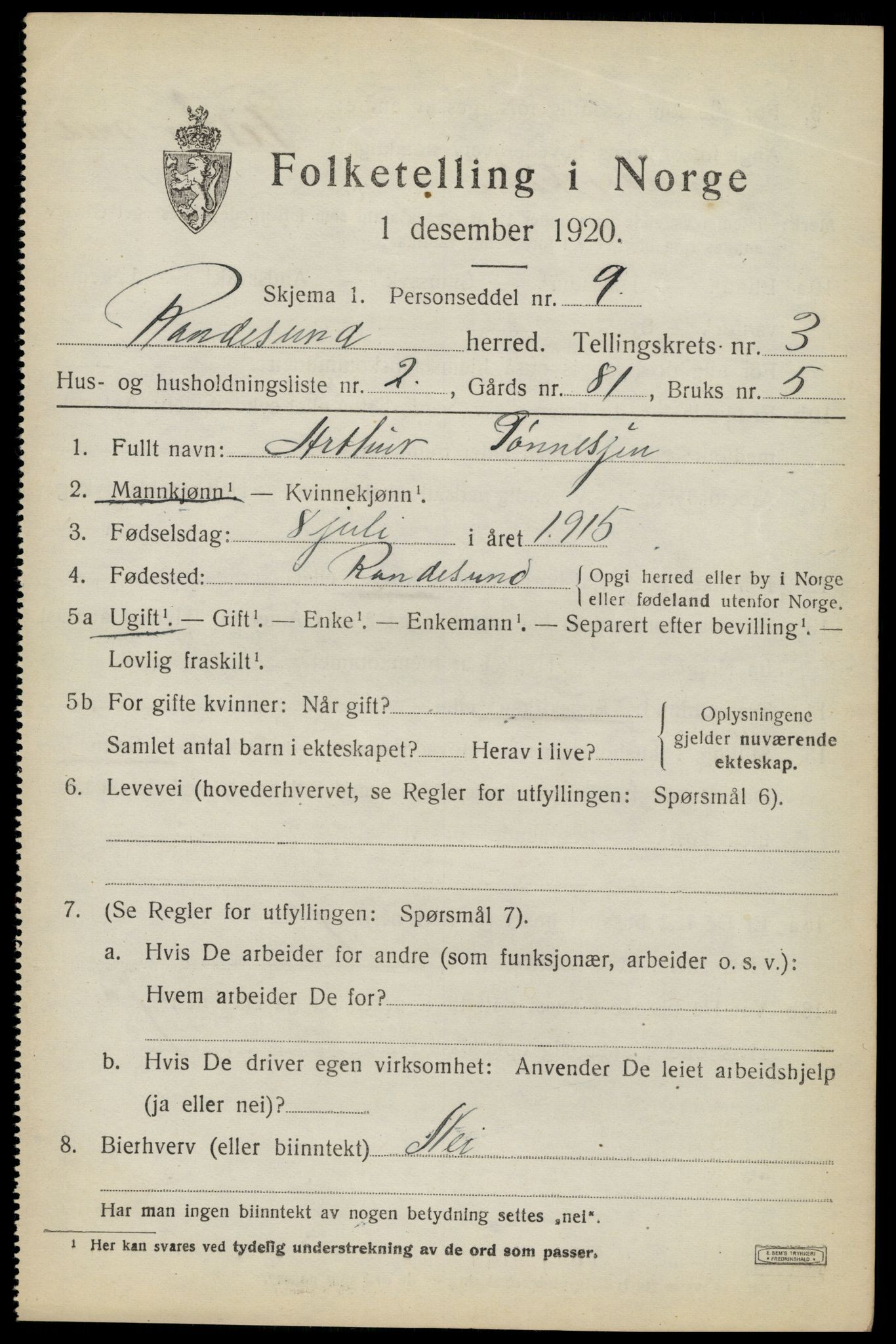SAK, Folketelling 1920 for 1011 Randesund herred, 1920, s. 1482