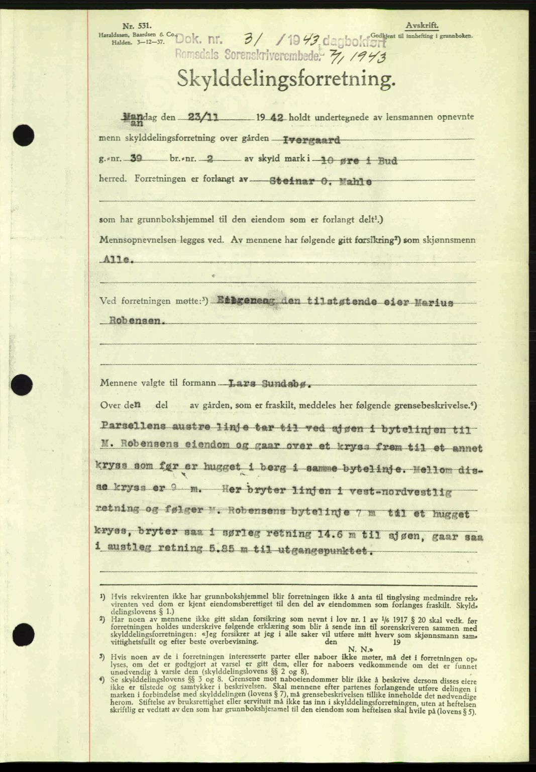 Romsdal sorenskriveri, SAT/A-4149/1/2/2C: Pantebok nr. A13, 1942-1943, Dagboknr: 31/1943