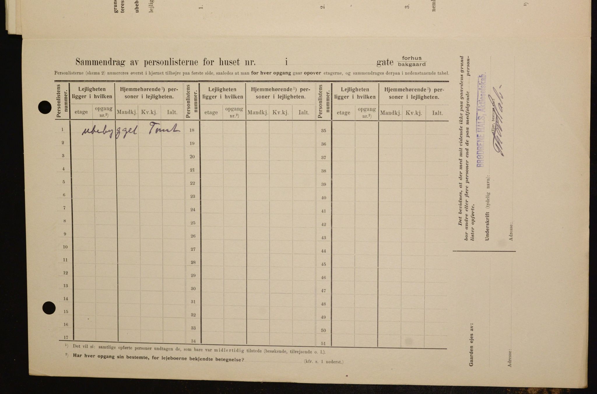 OBA, Kommunal folketelling 1.2.1909 for Kristiania kjøpstad, 1909, s. 47553