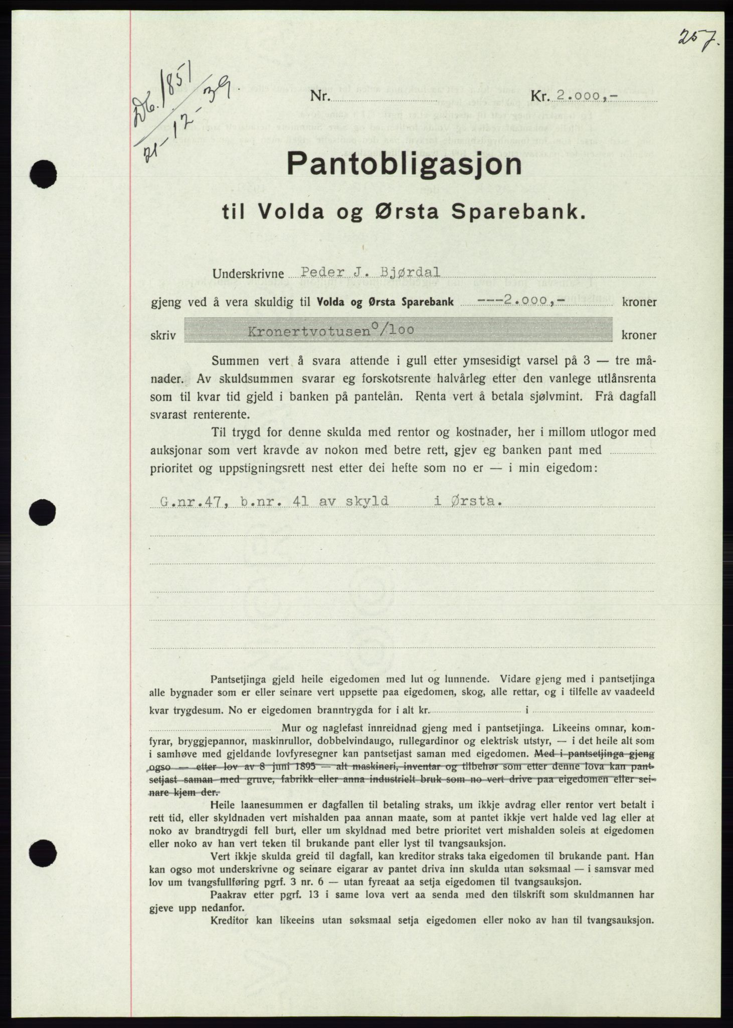 Søre Sunnmøre sorenskriveri, SAT/A-4122/1/2/2C/L0069: Pantebok nr. 63, 1939-1940, Dagboknr: 1851/1939