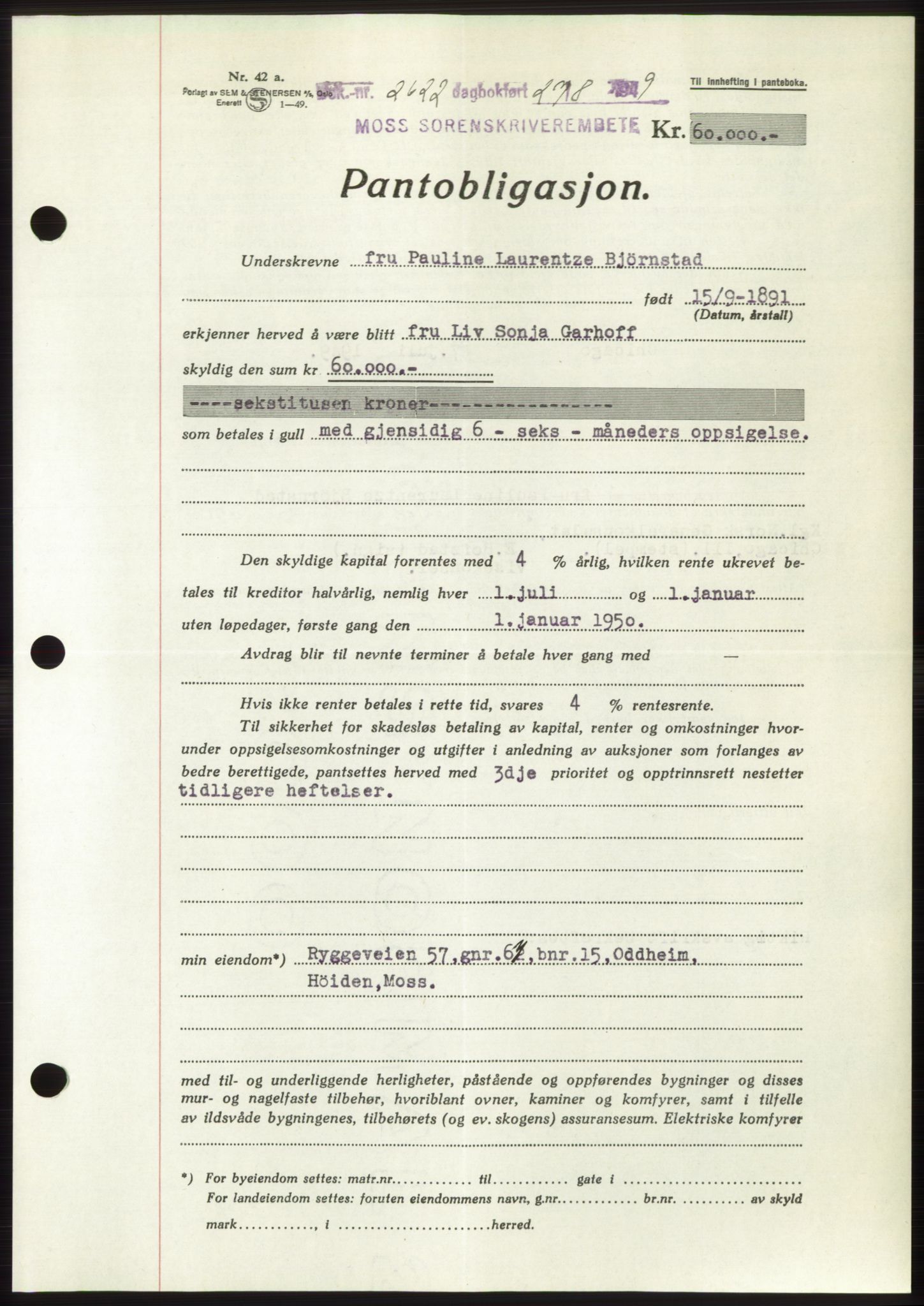 Moss sorenskriveri, SAO/A-10168: Pantebok nr. B22, 1949-1949, Dagboknr: 2622/1949