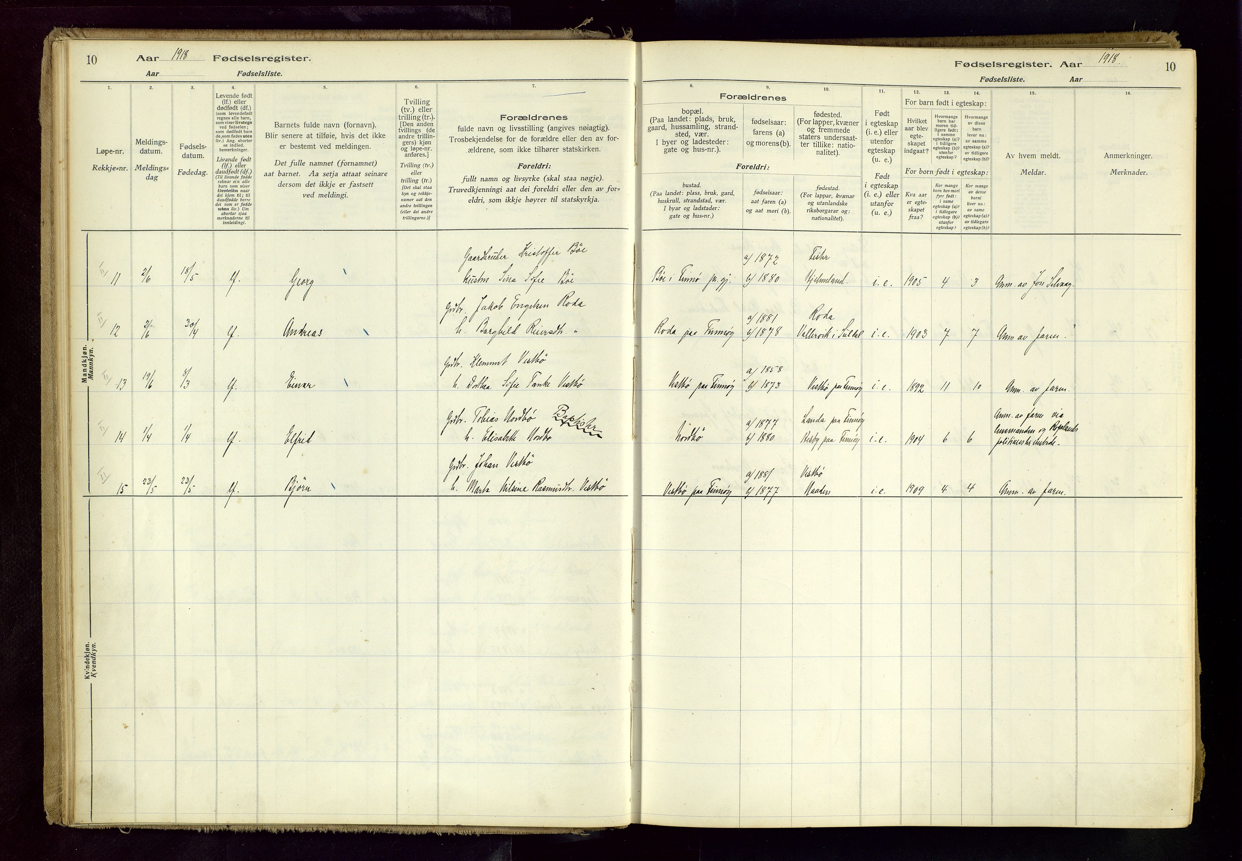 Finnøy sokneprestkontor, SAST/A-101825/I/Id/L0001: Fødselsregister nr. 1, 1916-1977, s. 10