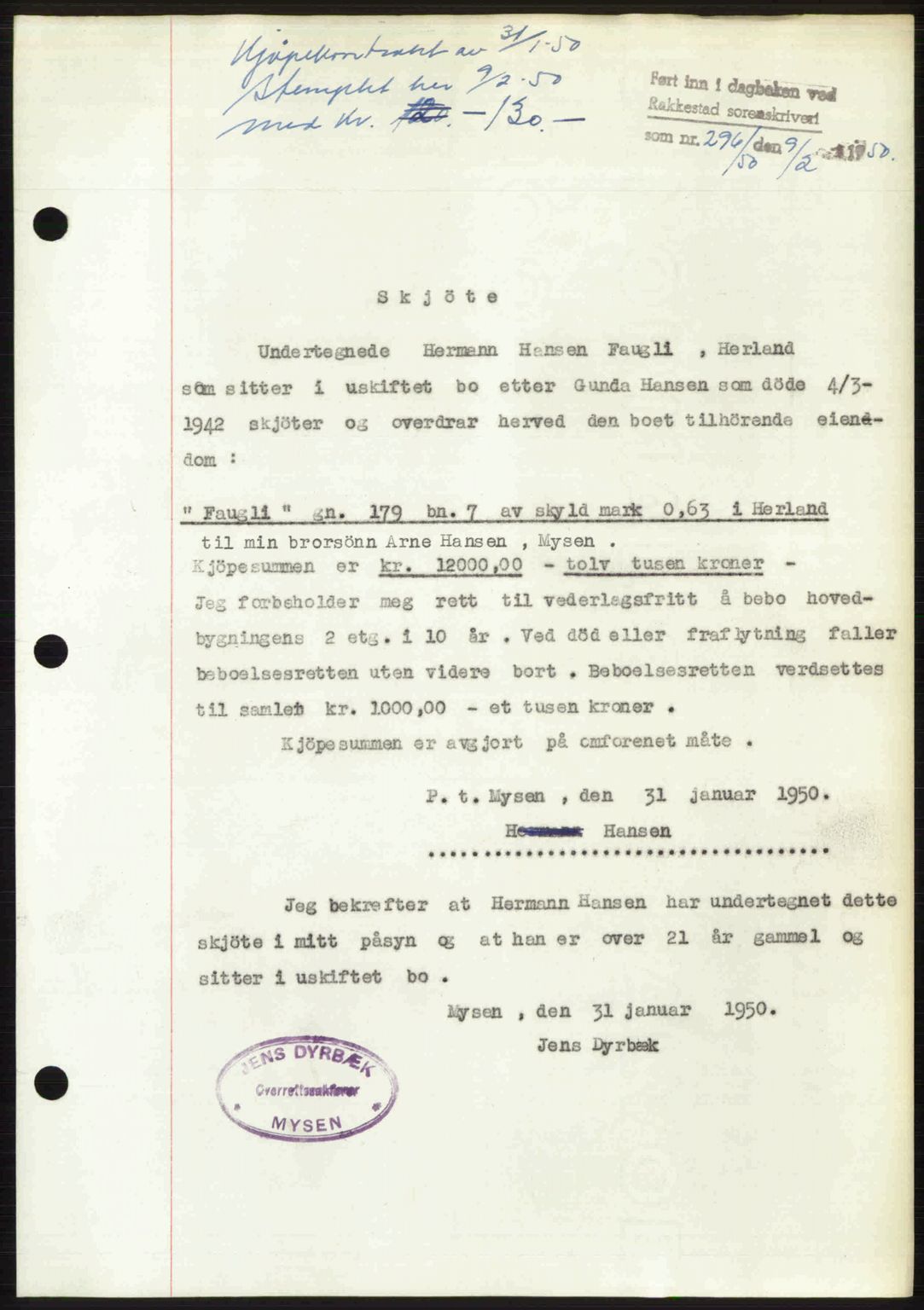 Rakkestad sorenskriveri, SAO/A-10686/G/Gb/Gba/Gbab/L0019: Pantebok nr. A19, 1949-1950, Dagboknr: 296/1950