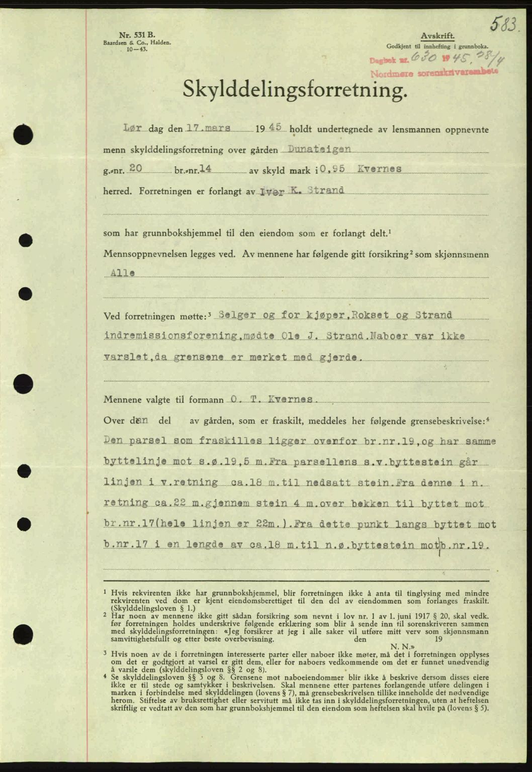 Nordmøre sorenskriveri, SAT/A-4132/1/2/2Ca: Pantebok nr. A99, 1945-1945, Dagboknr: 630/1945
