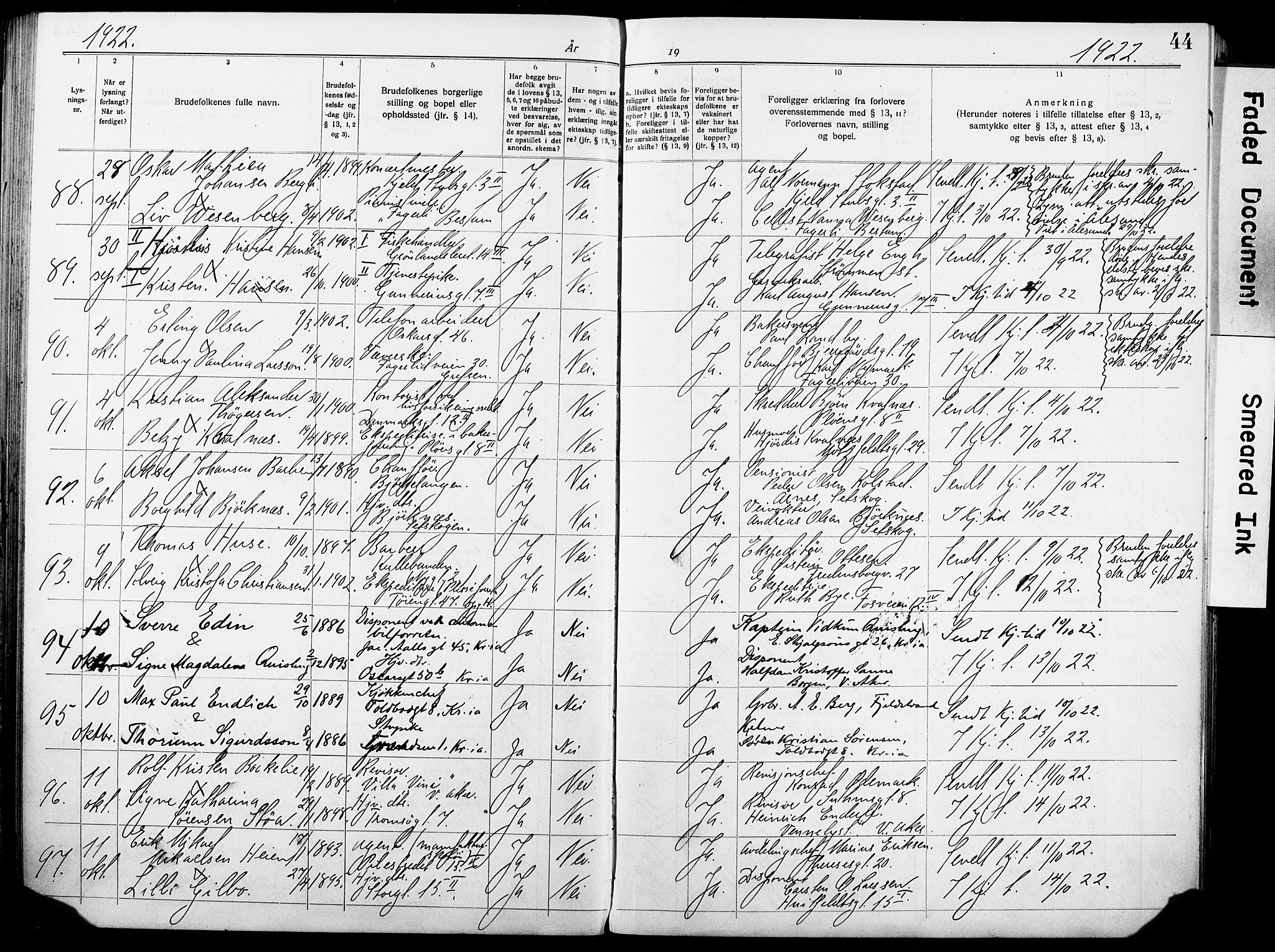 Oslo domkirke Kirkebøker, AV/SAO-A-10752/H/Ha/L0006: Lysningsprotokoll nr. 6, 1919-1928, s. 44