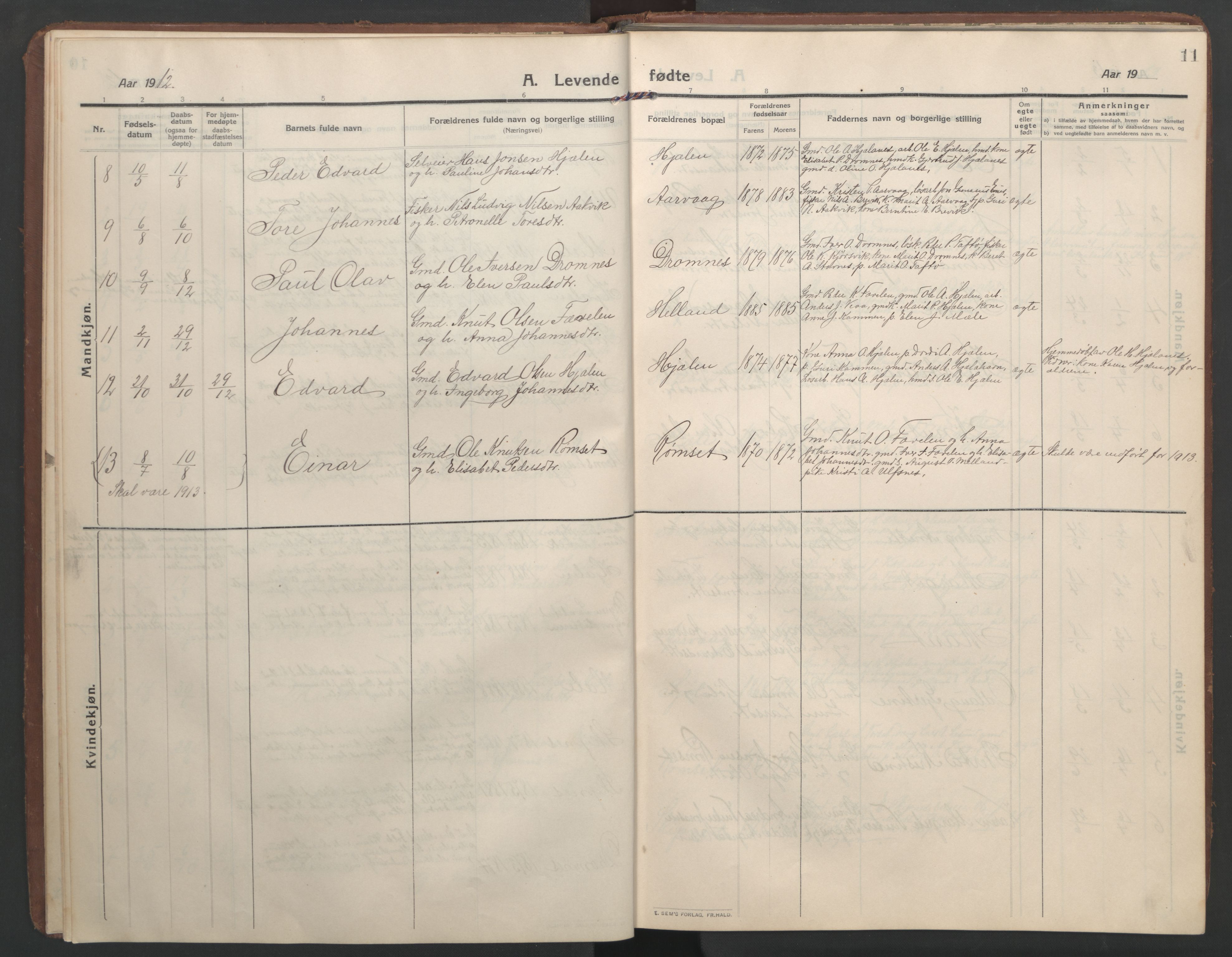 Ministerialprotokoller, klokkerbøker og fødselsregistre - Møre og Romsdal, AV/SAT-A-1454/579/L0919: Klokkerbok nr. 579C01, 1909-1957, s. 11